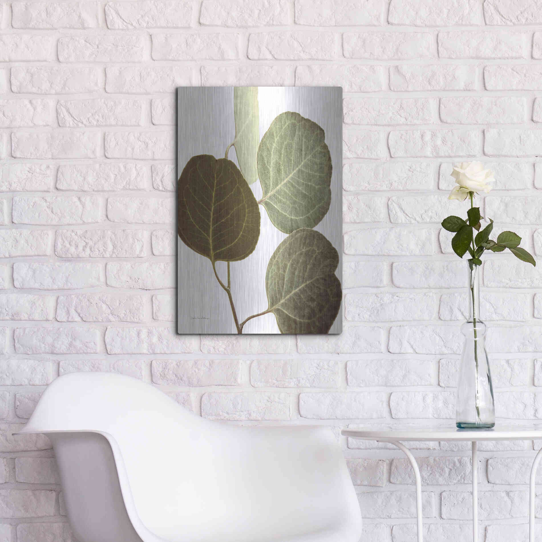 Luxe Metal Art 'Eucalyptus Color on White' by Debra Van Swearingen, Metal Wall Art,16x24