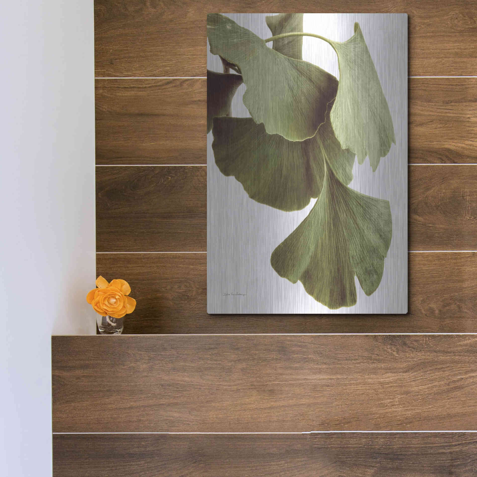 Luxe Metal Art 'Ginko Color on White' by Debra Van Swearingen, Metal Wall Art,12x16