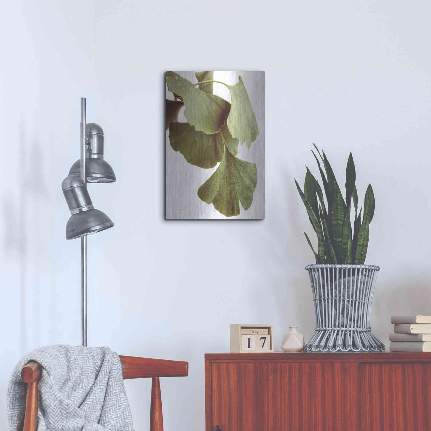 Luxe Metal Art 'Ginko Color on White' by Debra Van Swearingen, Metal Wall Art,16x24