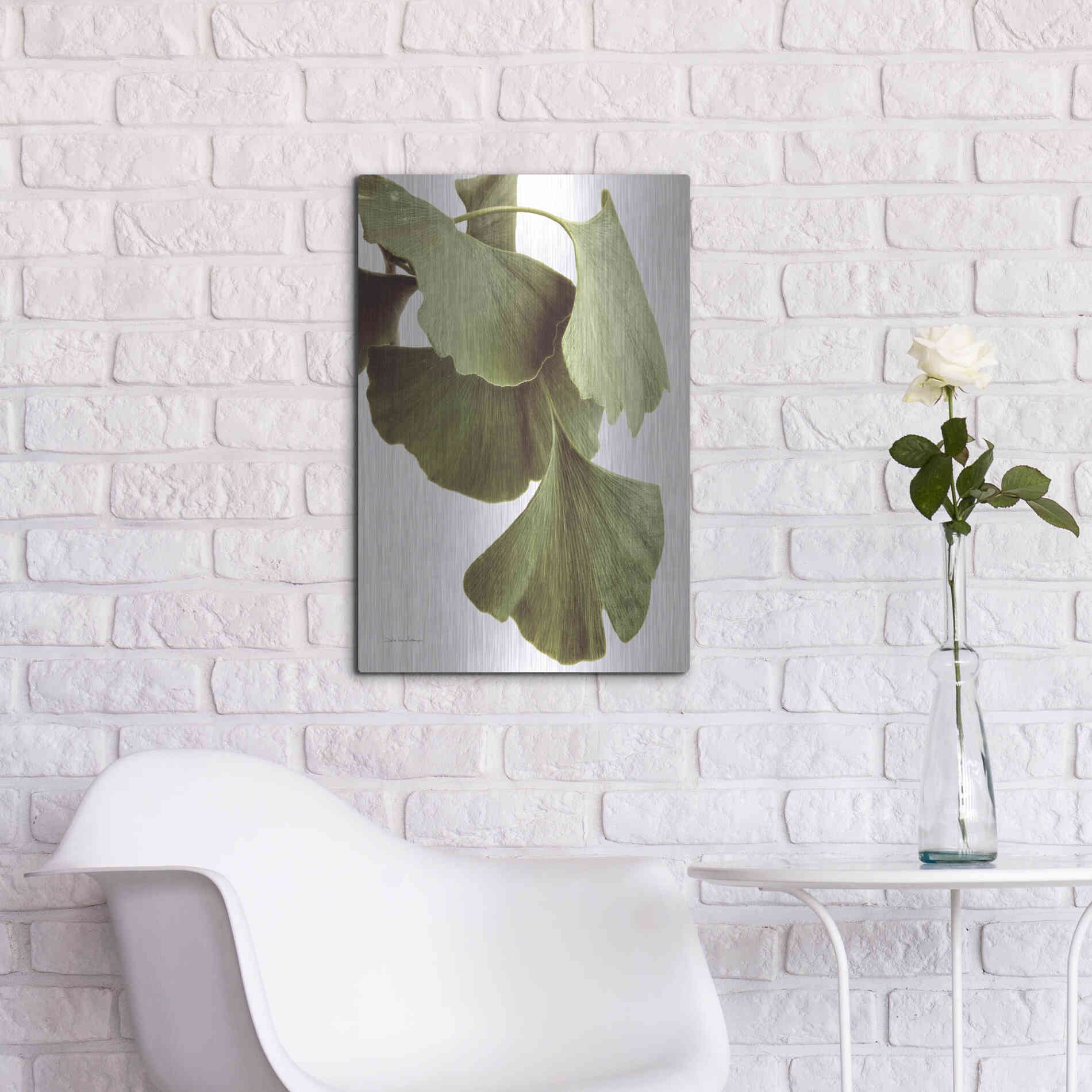 Luxe Metal Art 'Ginko Color on White' by Debra Van Swearingen, Metal Wall Art,16x24