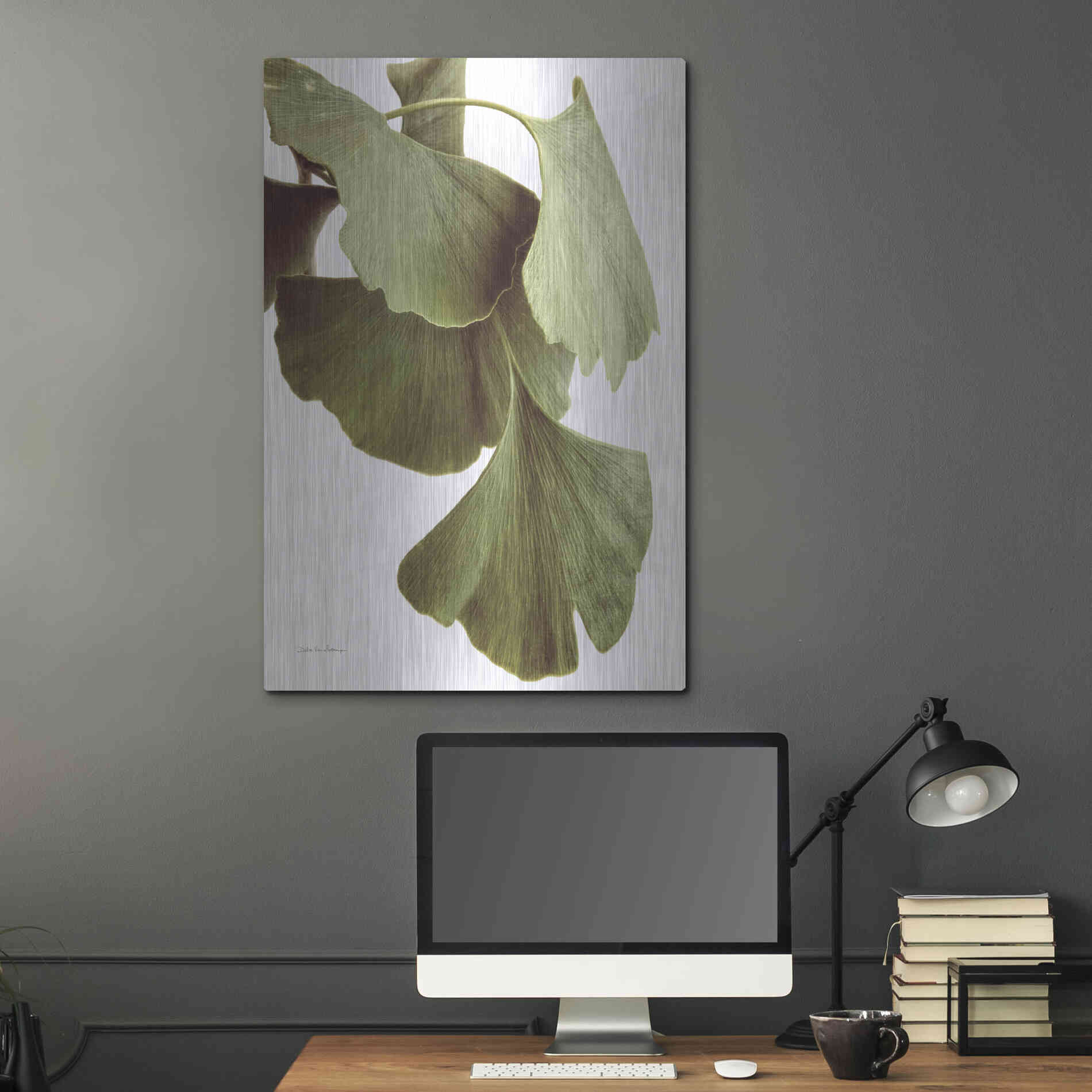 Luxe Metal Art 'Ginko Color on White' by Debra Van Swearingen, Metal Wall Art,24x36