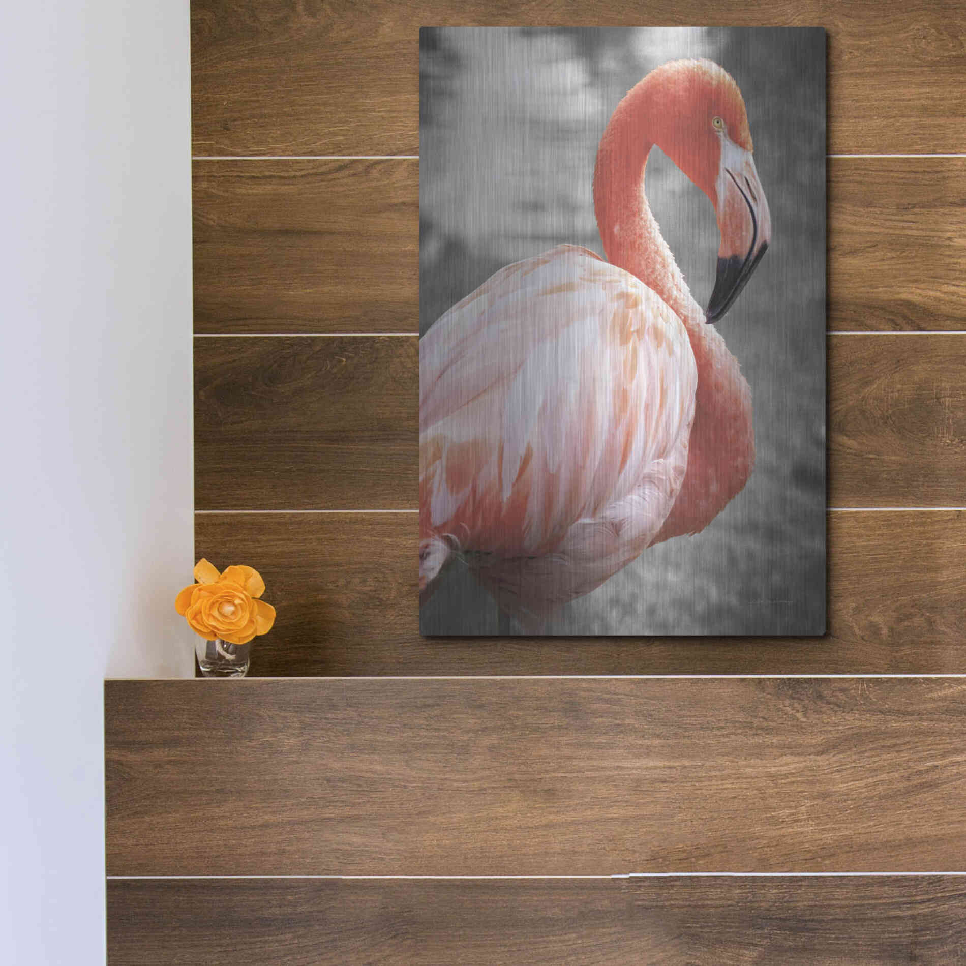 Luxe Metal Art 'Flamingo I on BW' by Debra Van Swearingen, Metal Wall Art,12x16