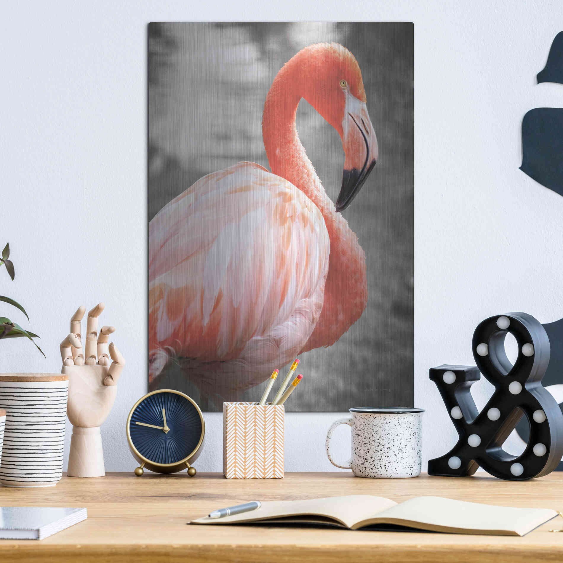 Luxe Metal Art 'Flamingo I on BW' by Debra Van Swearingen, Metal Wall Art,12x16