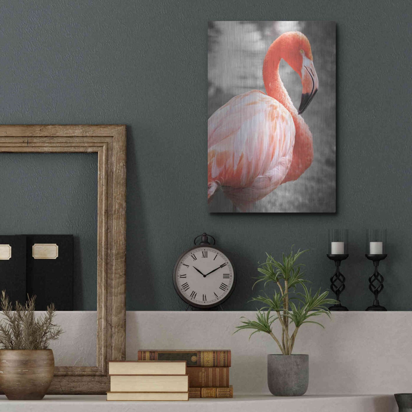 Luxe Metal Art 'Flamingo I on BW' by Debra Van Swearingen, Metal Wall Art,12x16