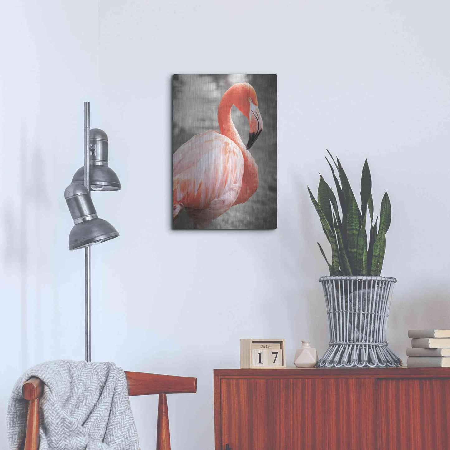 Luxe Metal Art 'Flamingo I on BW' by Debra Van Swearingen, Metal Wall Art,16x24