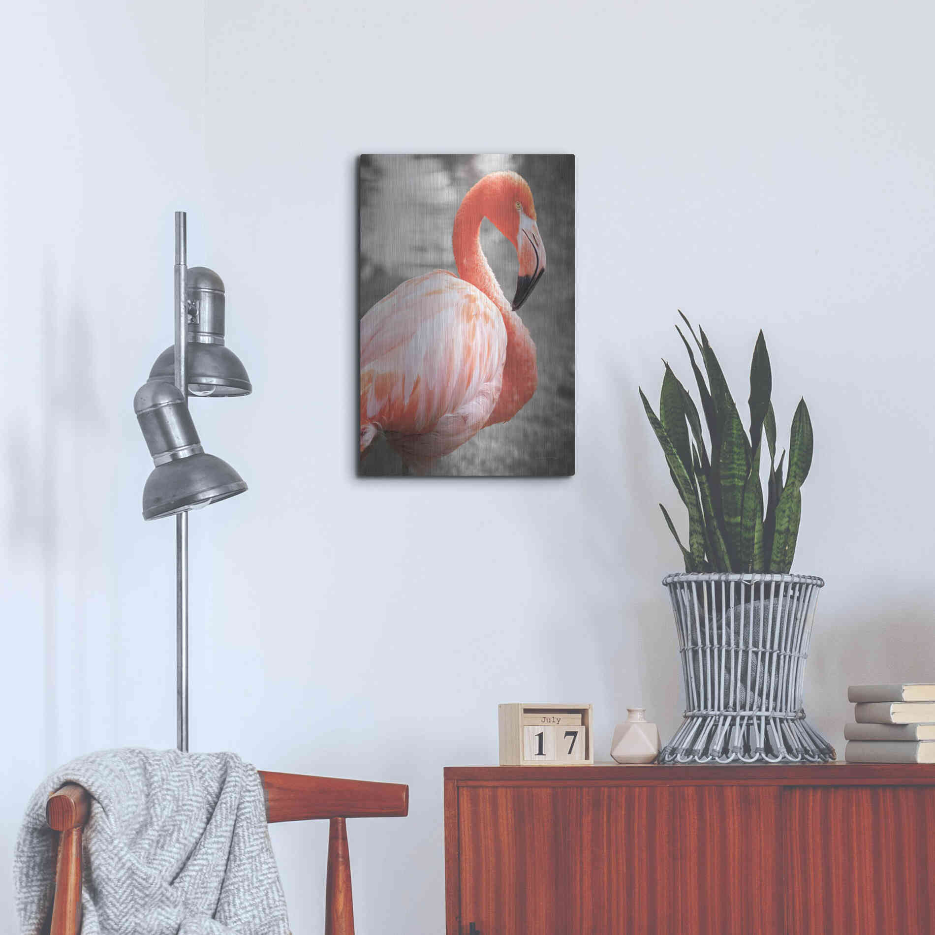 Luxe Metal Art 'Flamingo I on BW' by Debra Van Swearingen, Metal Wall Art,16x24