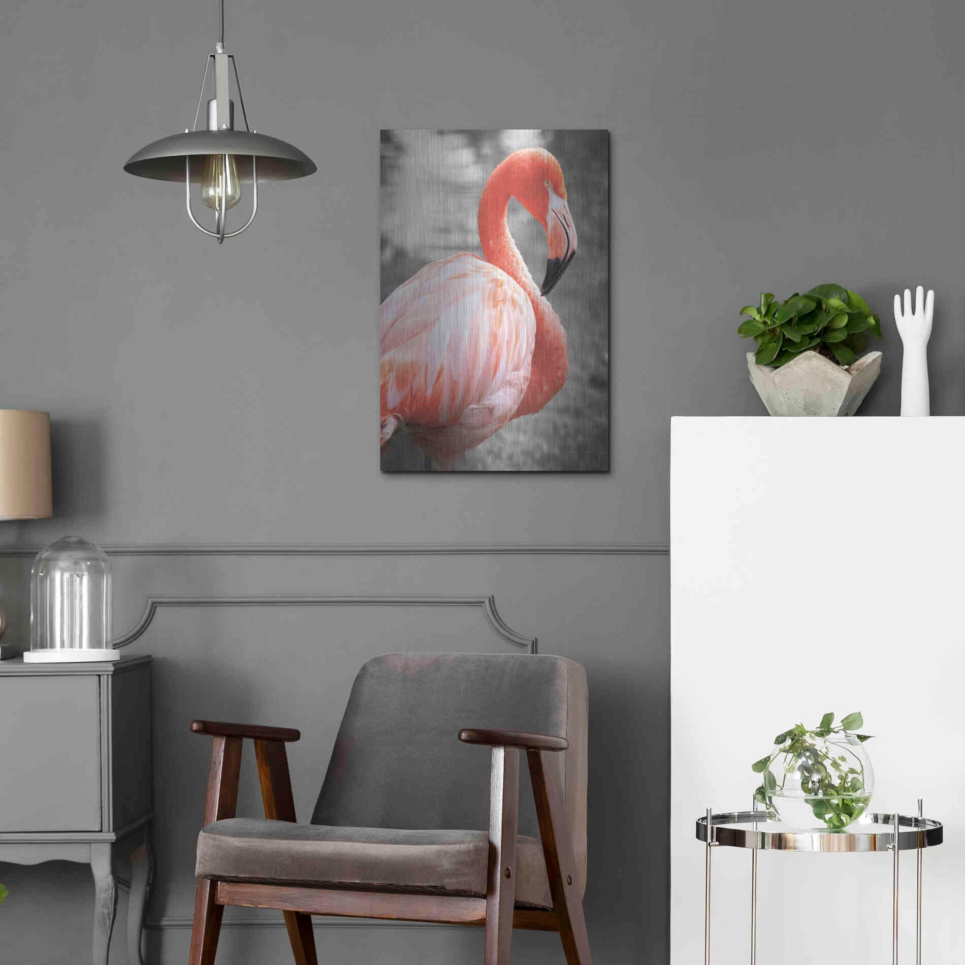 Luxe Metal Art 'Flamingo I on BW' by Debra Van Swearingen, Metal Wall Art,16x24