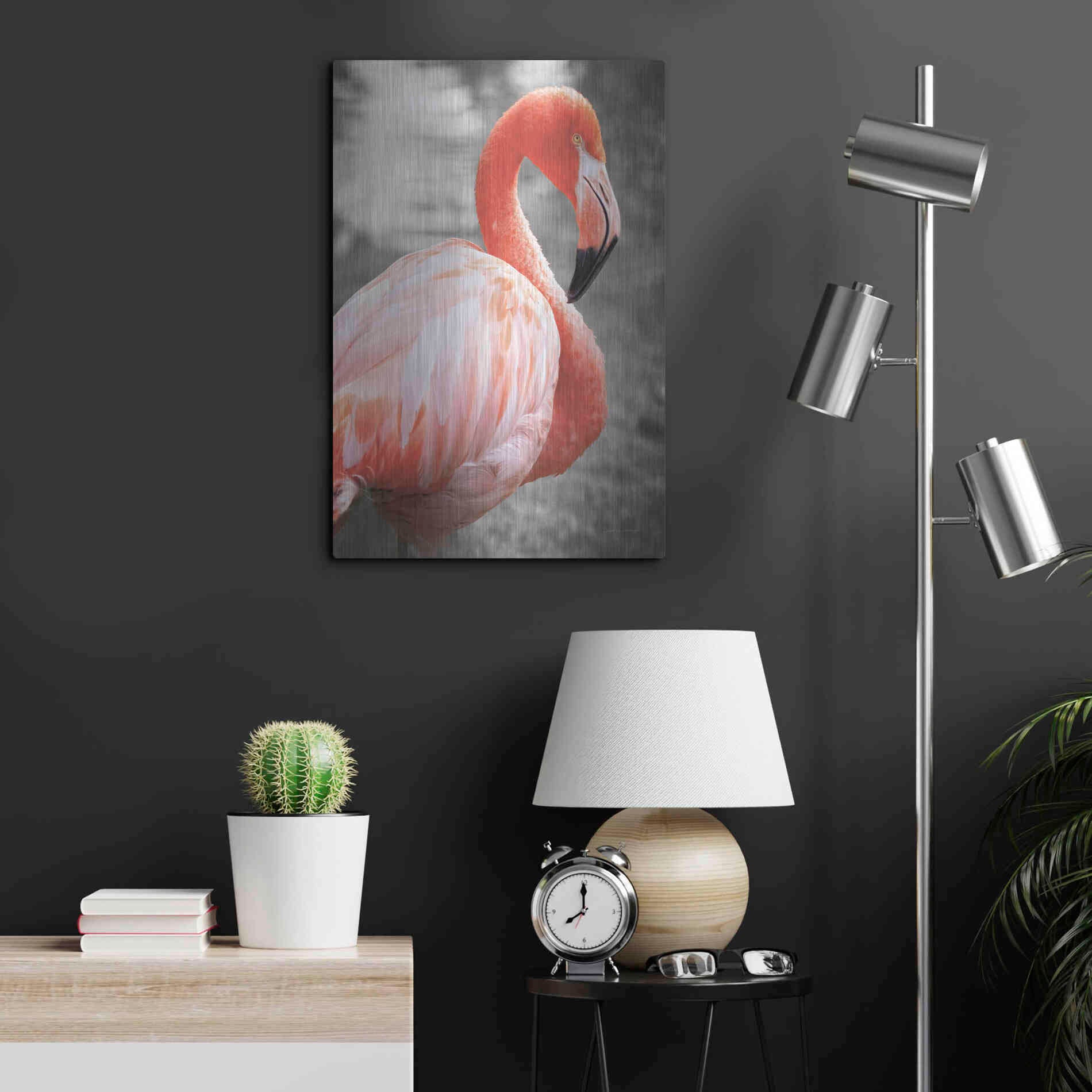 Luxe Metal Art 'Flamingo I on BW' by Debra Van Swearingen, Metal Wall Art,16x24