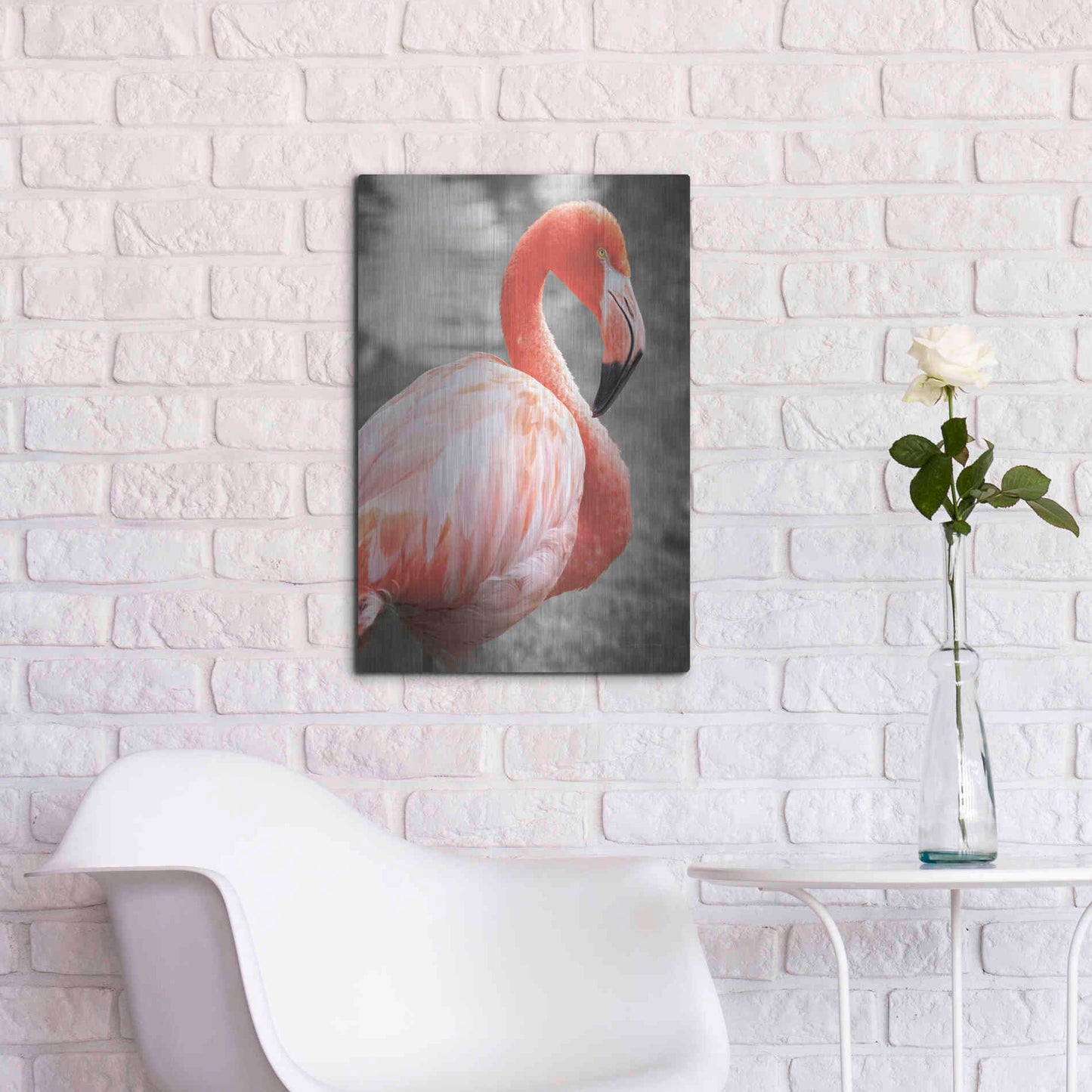 Luxe Metal Art 'Flamingo I on BW' by Debra Van Swearingen, Metal Wall Art,16x24