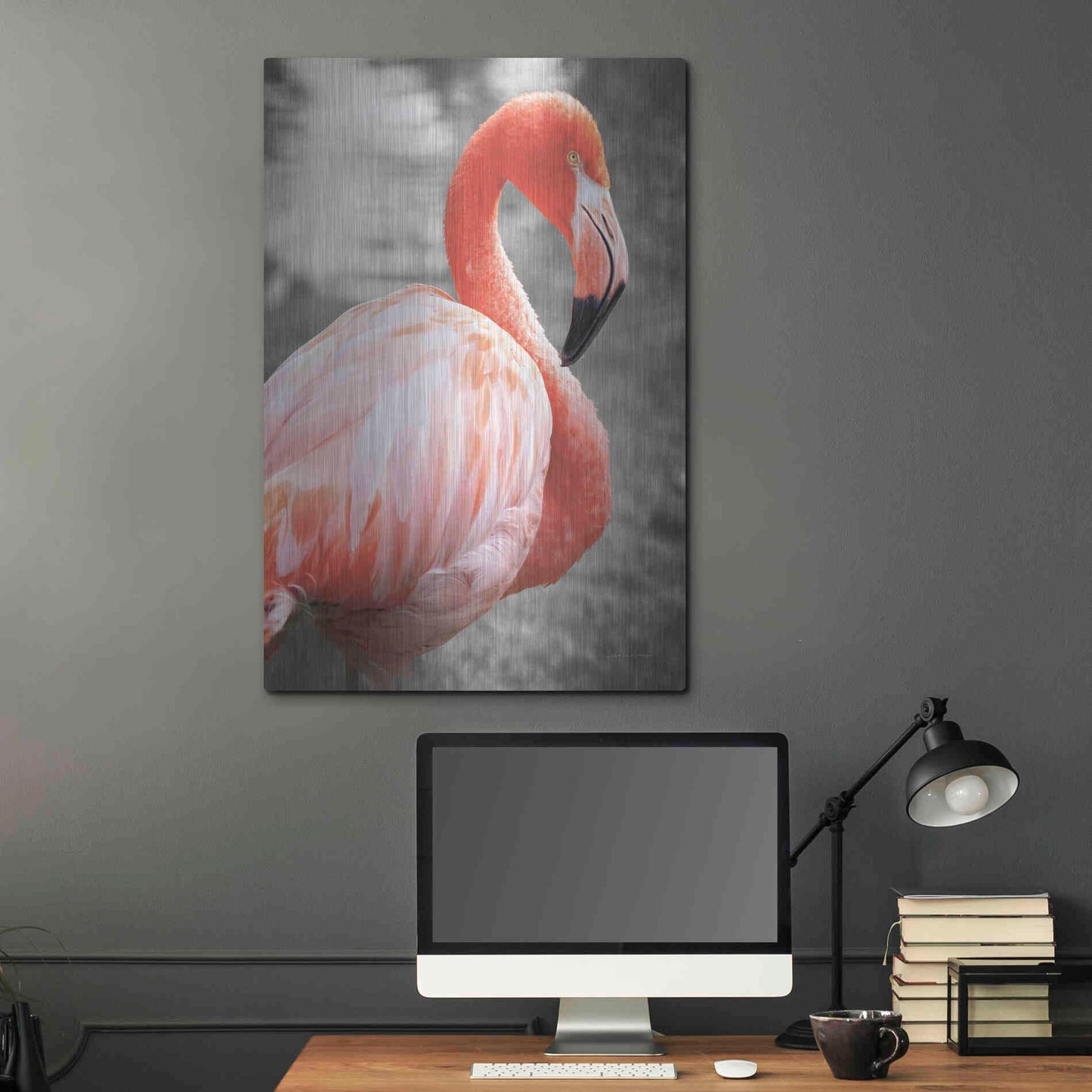 Luxe Metal Art 'Flamingo I on BW' by Debra Van Swearingen, Metal Wall Art,24x36