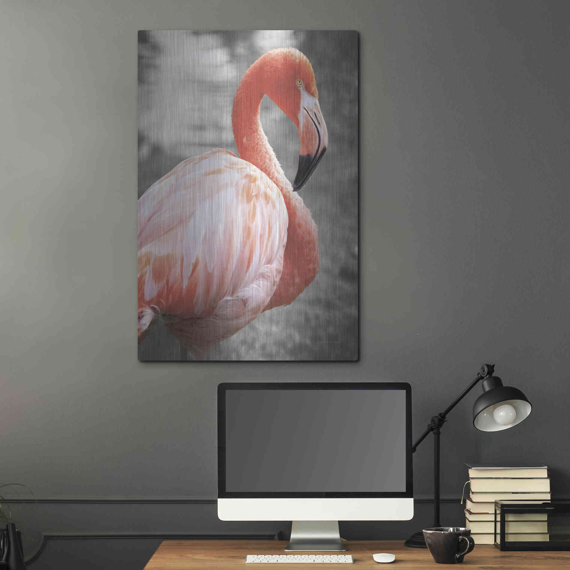 Luxe Metal Art 'Flamingo I on BW' by Debra Van Swearingen, Metal Wall Art,24x36