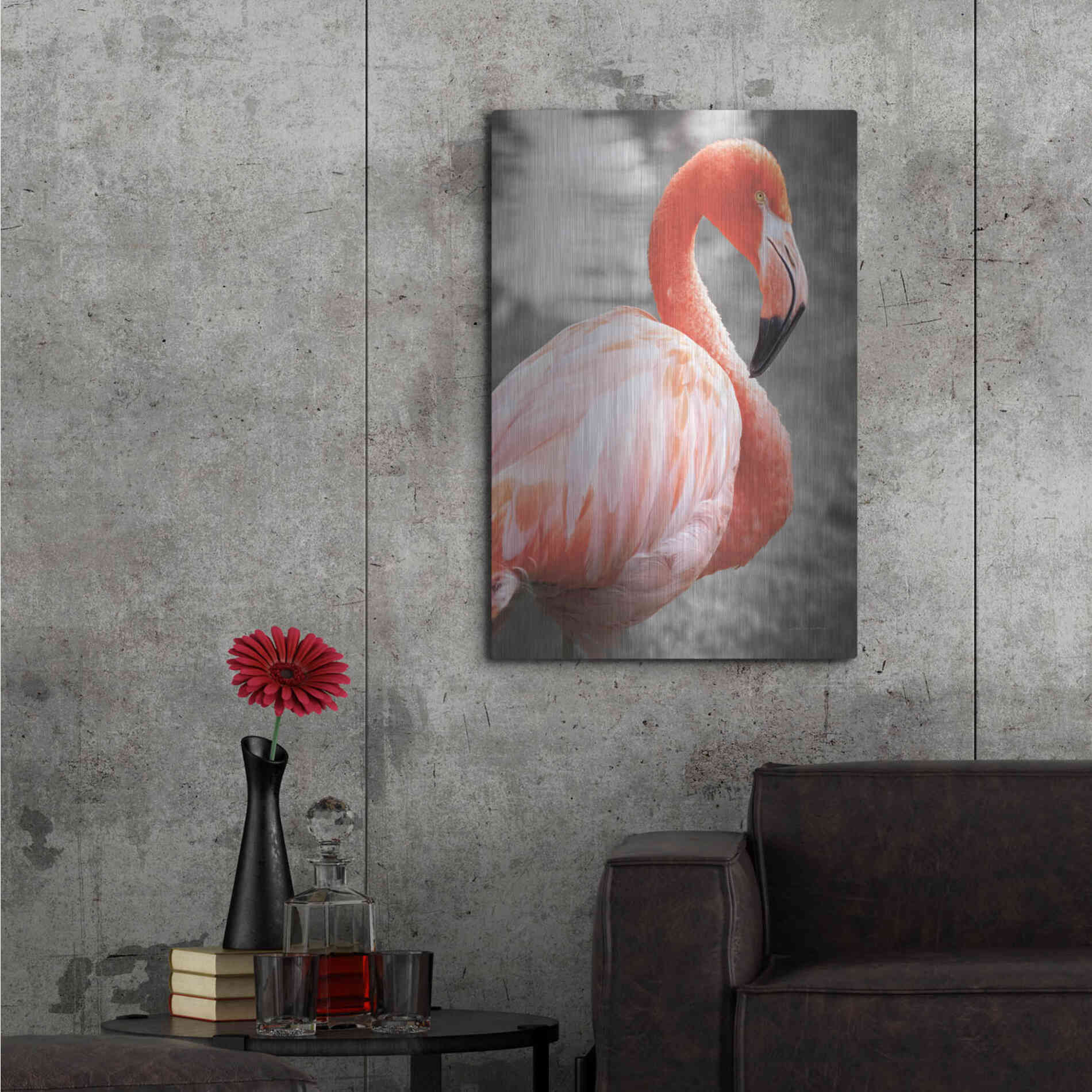 Luxe Metal Art 'Flamingo I on BW' by Debra Van Swearingen, Metal Wall Art,24x36