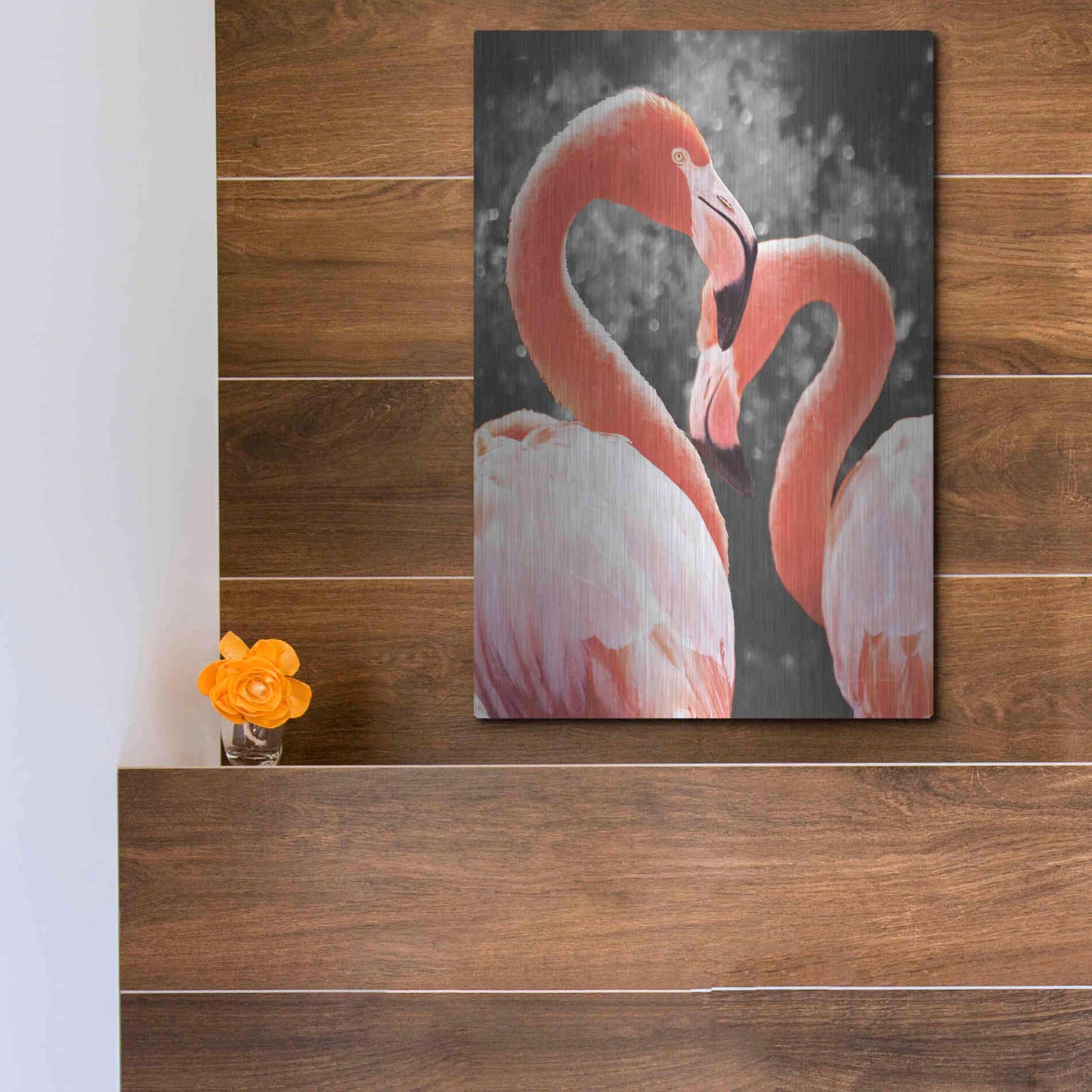 Luxe Metal Art 'Flamingo II on BW' by Debra Van Swearingen, Metal Wall Art,12x16