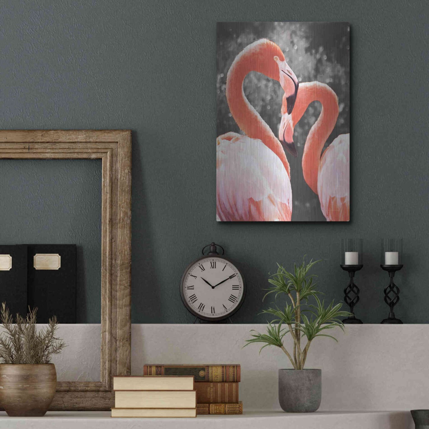 Luxe Metal Art 'Flamingo II on BW' by Debra Van Swearingen, Metal Wall Art,12x16