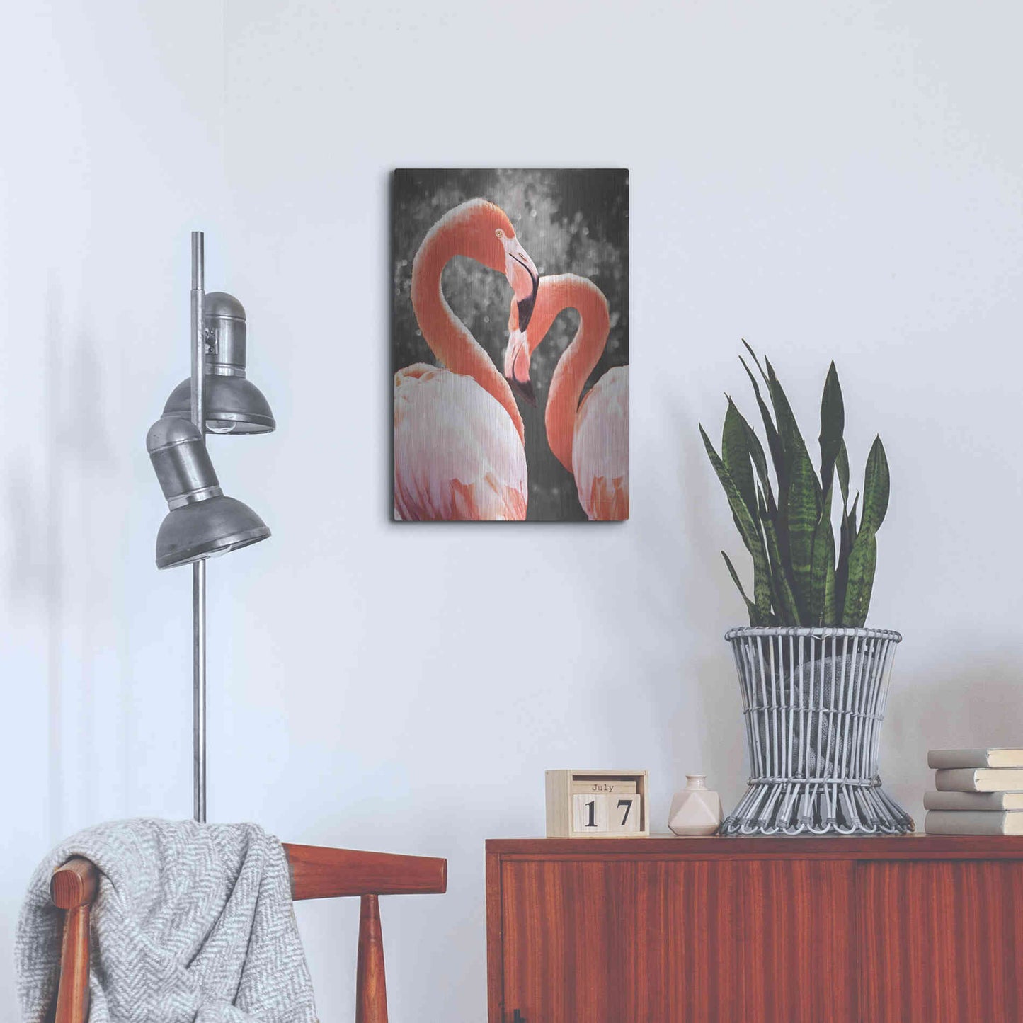 Luxe Metal Art 'Flamingo II on BW' by Debra Van Swearingen, Metal Wall Art,16x24