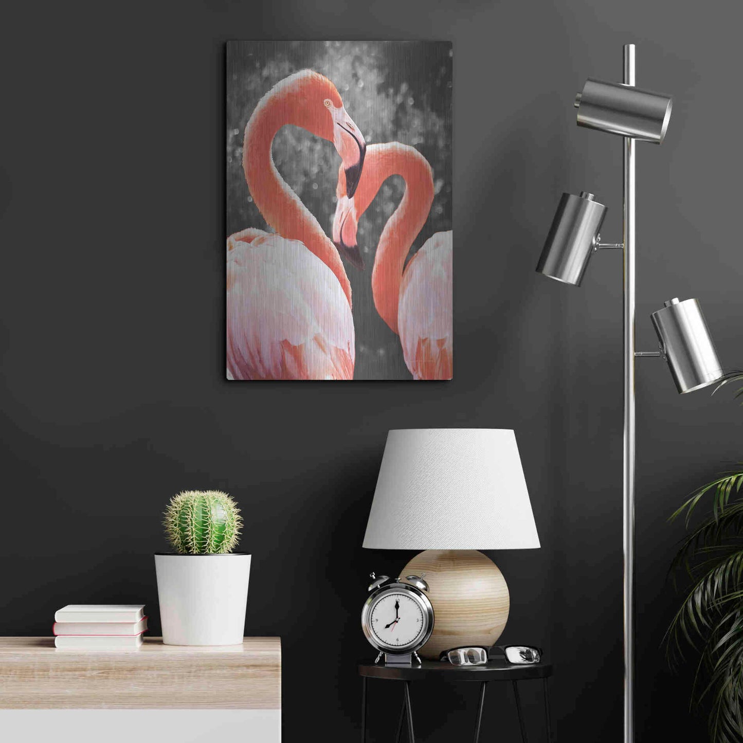 Luxe Metal Art 'Flamingo II on BW' by Debra Van Swearingen, Metal Wall Art,16x24