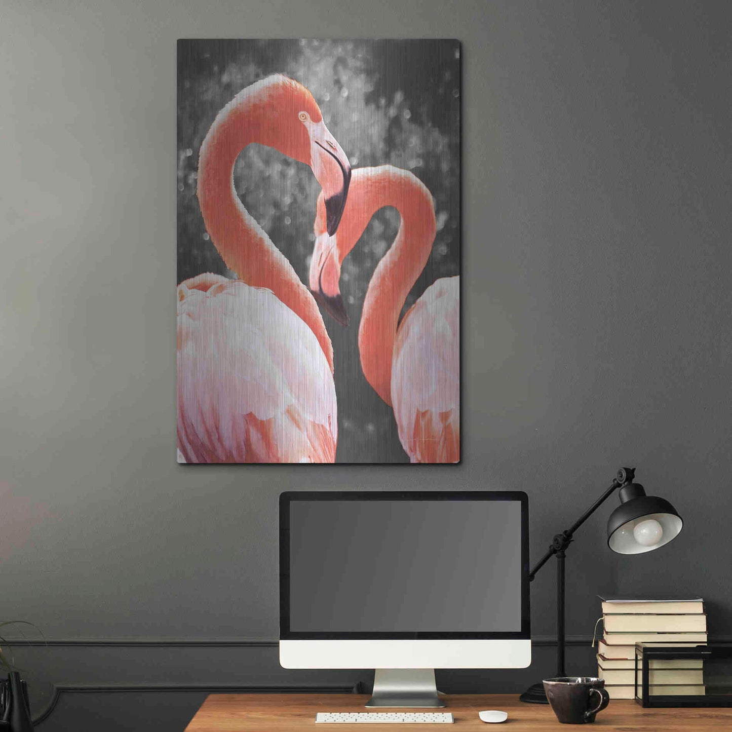 Luxe Metal Art 'Flamingo II on BW' by Debra Van Swearingen, Metal Wall Art,24x36