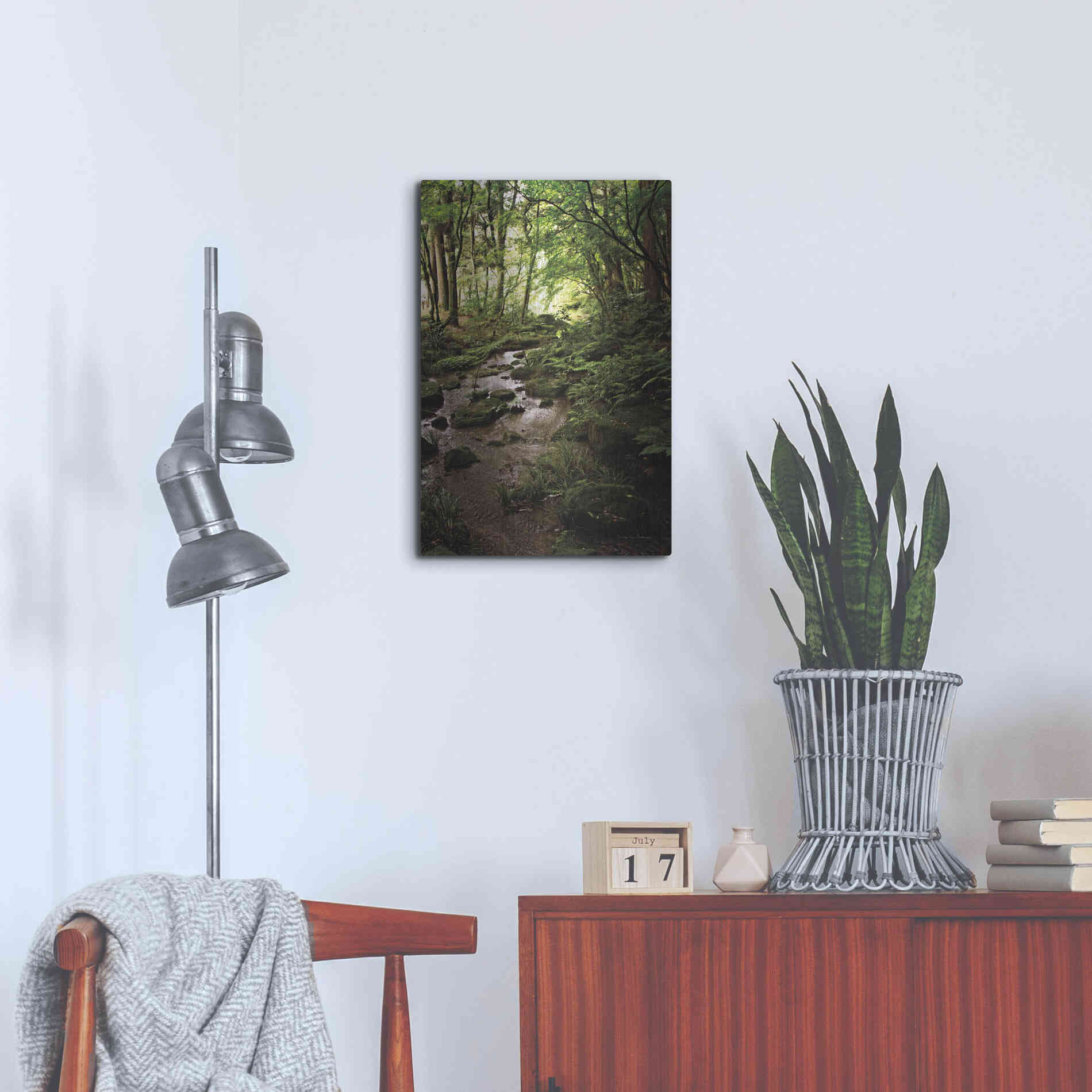 Luxe Metal Art 'Lush Creek in Forest' by Debra Van Swearingen, Metal Wall Art,16x24