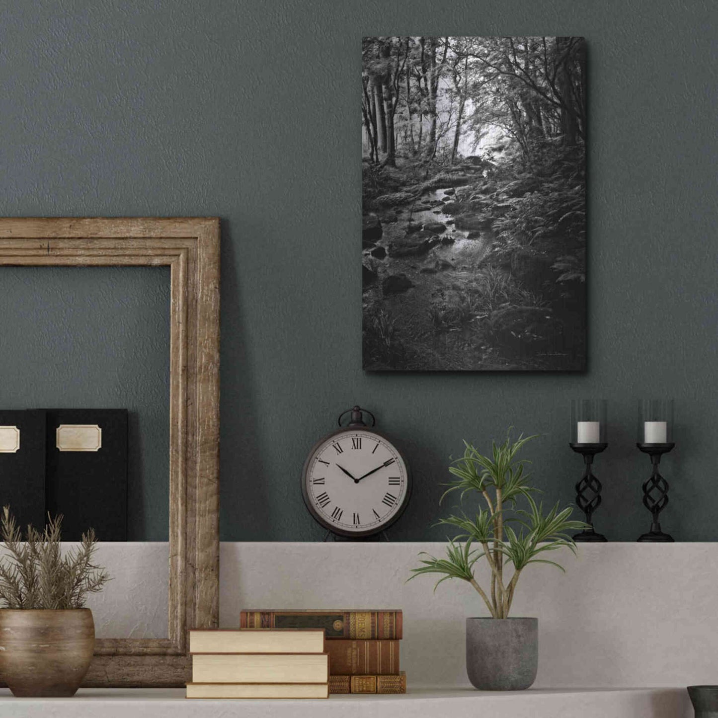 Luxe Metal Art 'Lush Creek in Forest BW' by Debra Van Swearingen, Metal Wall Art,12x16