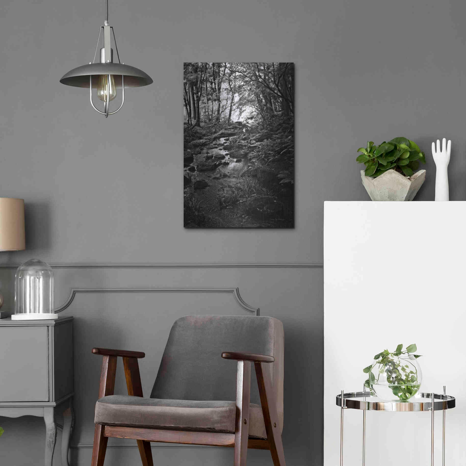 Luxe Metal Art 'Lush Creek in Forest BW' by Debra Van Swearingen, Metal Wall Art,16x24