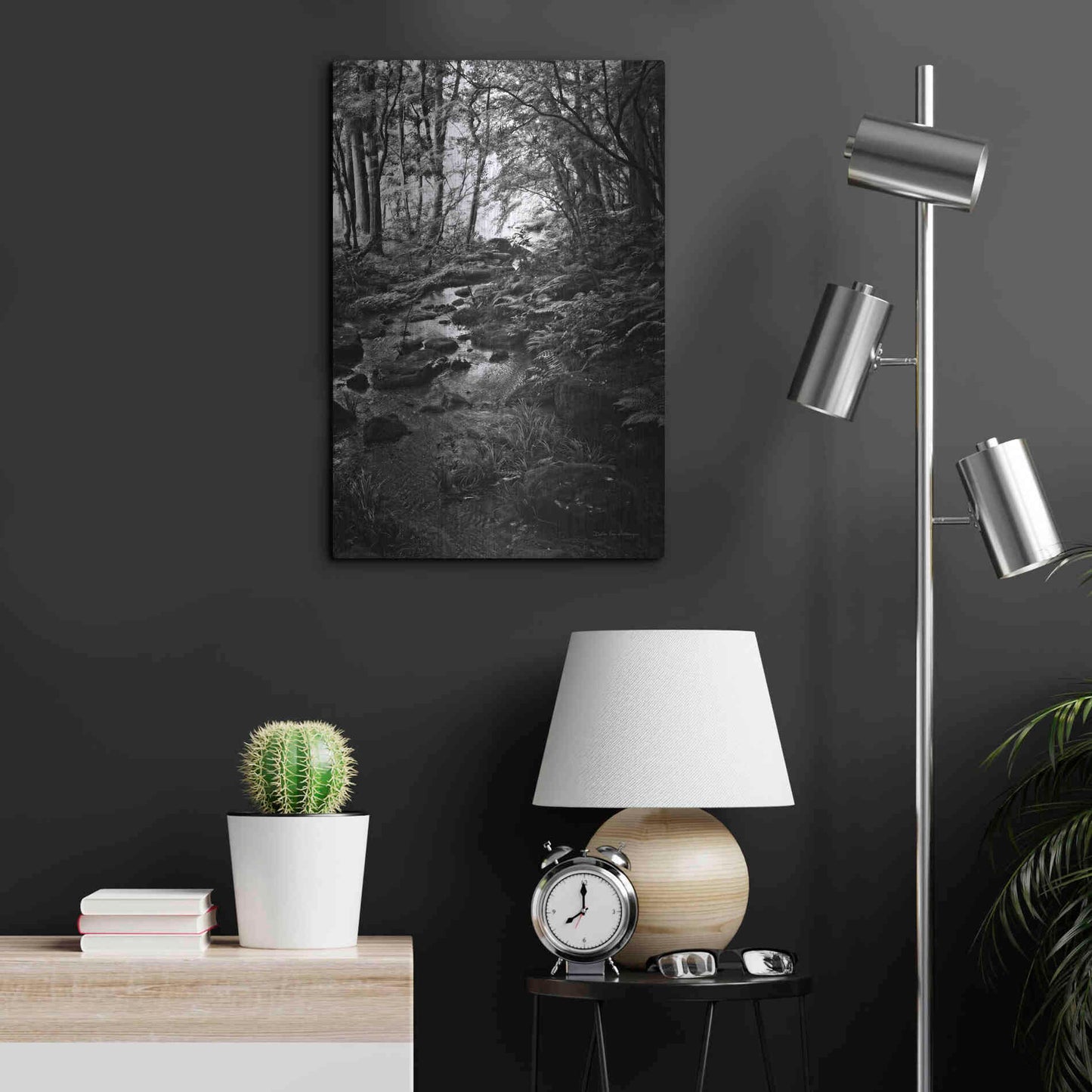 Luxe Metal Art 'Lush Creek in Forest BW' by Debra Van Swearingen, Metal Wall Art,16x24