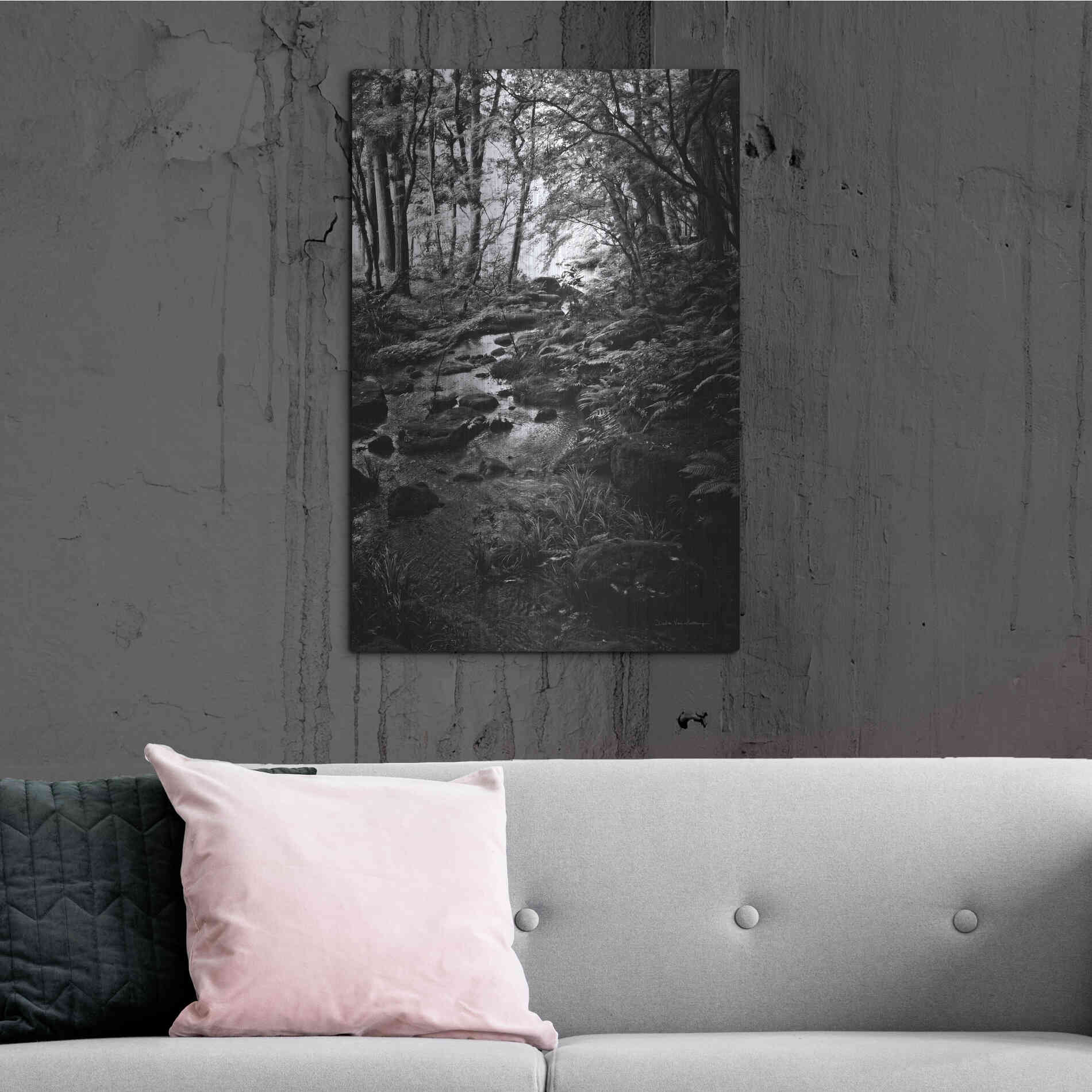 Luxe Metal Art 'Lush Creek in Forest BW' by Debra Van Swearingen, Metal Wall Art,24x36