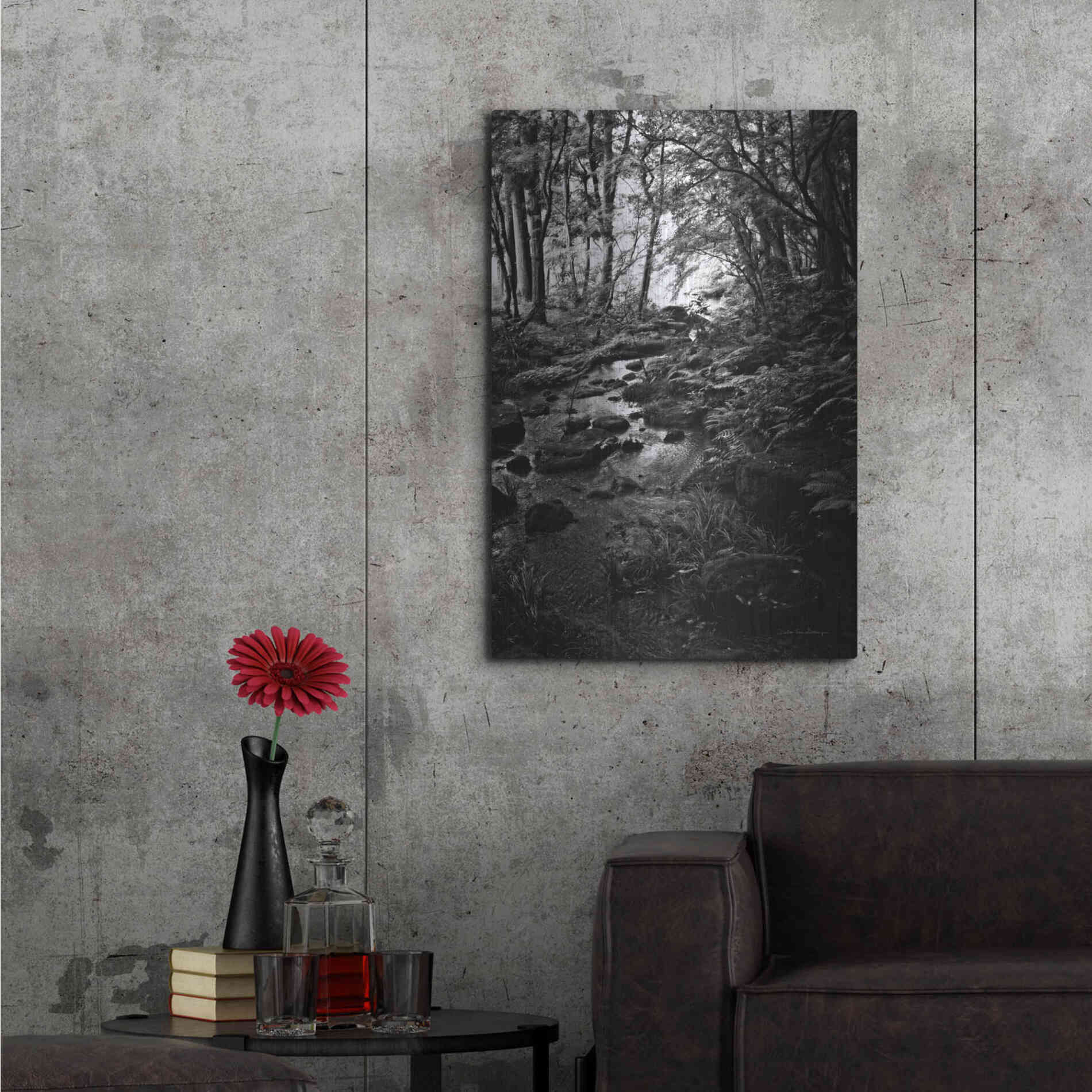 Luxe Metal Art 'Lush Creek in Forest BW' by Debra Van Swearingen, Metal Wall Art,24x36