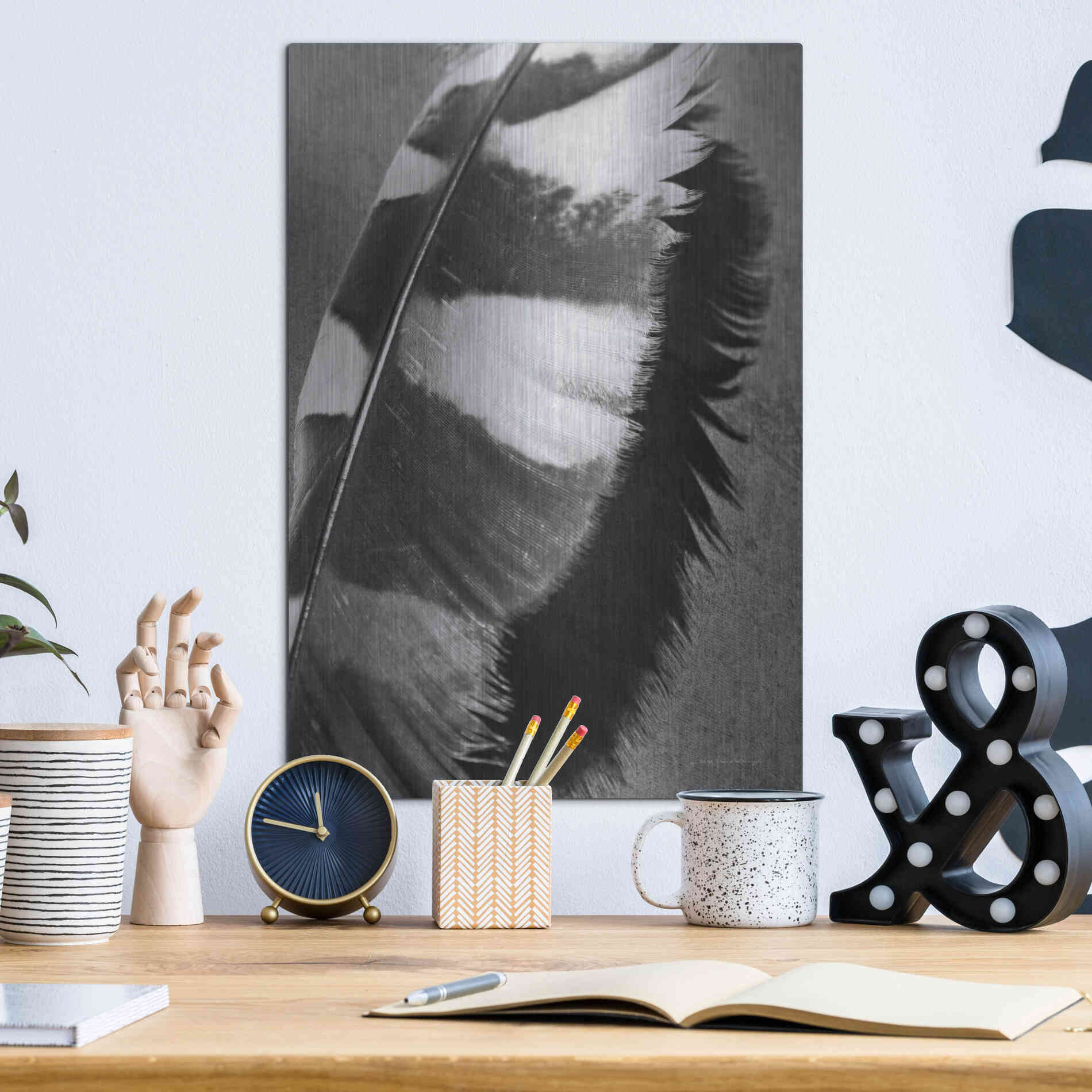 Luxe Metal Art 'Feather Shadow I' by Debra Van Swearingen, Metal Wall Art,12x16