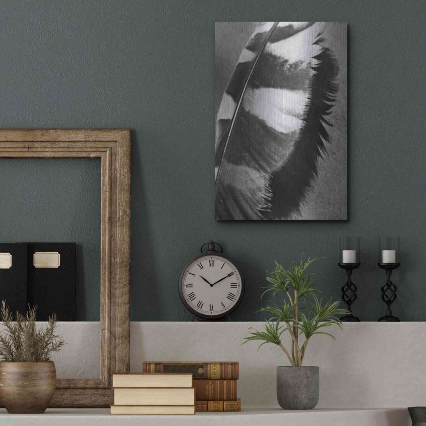 Luxe Metal Art 'Feather Shadow I' by Debra Van Swearingen, Metal Wall Art,12x16