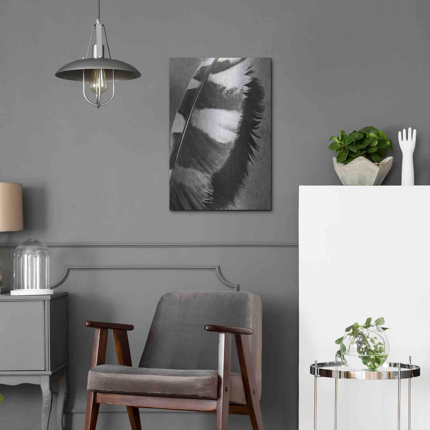 Luxe Metal Art 'Feather Shadow I' by Debra Van Swearingen, Metal Wall Art,16x24