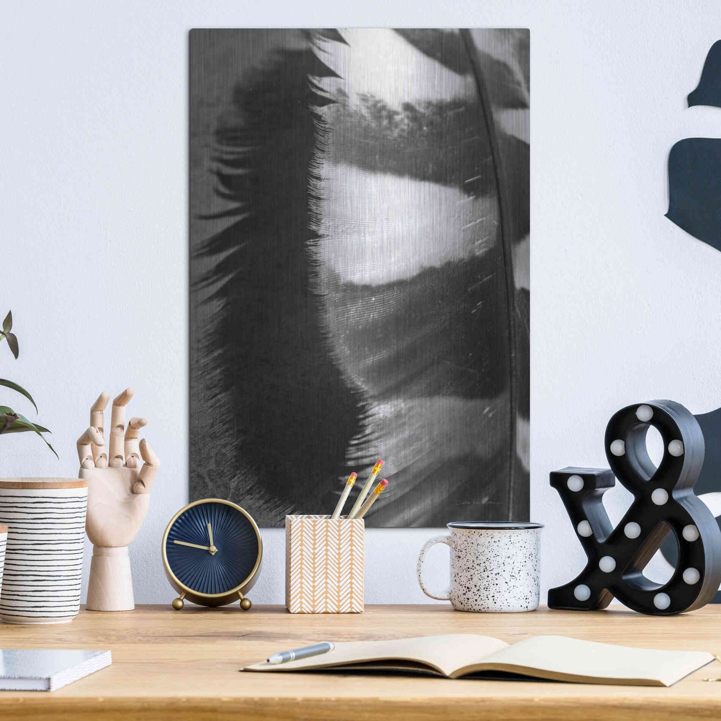 Luxe Metal Art 'Feather Shadow III' by Debra Van Swearingen, Metal Wall Art,12x16