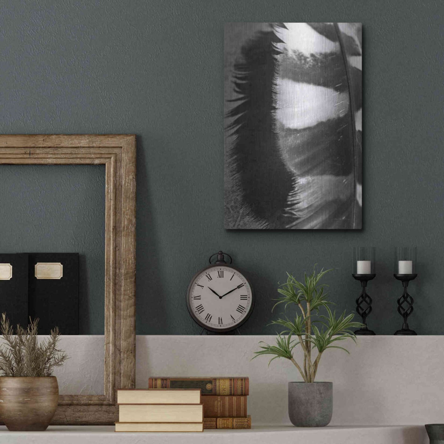 Luxe Metal Art 'Feather Shadow III' by Debra Van Swearingen, Metal Wall Art,12x16