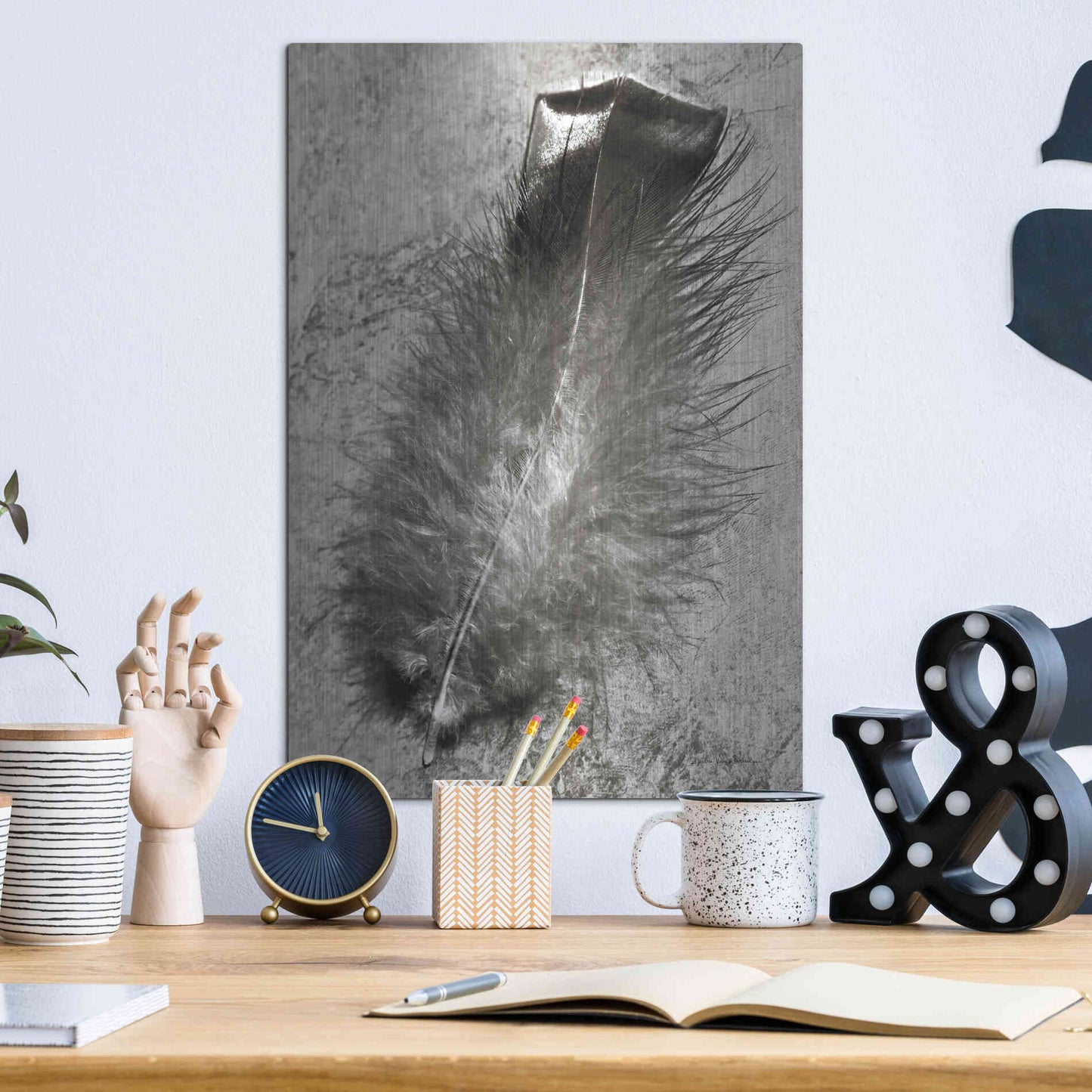 Luxe Metal Art 'Feather Shadow IV' by Debra Van Swearingen, Metal Wall Art,12x16