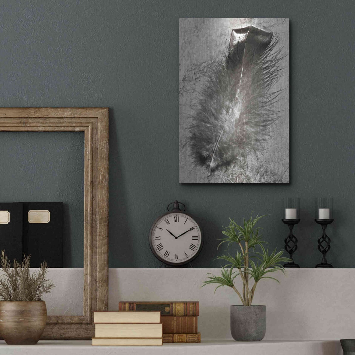 Luxe Metal Art 'Feather Shadow IV' by Debra Van Swearingen, Metal Wall Art,12x16