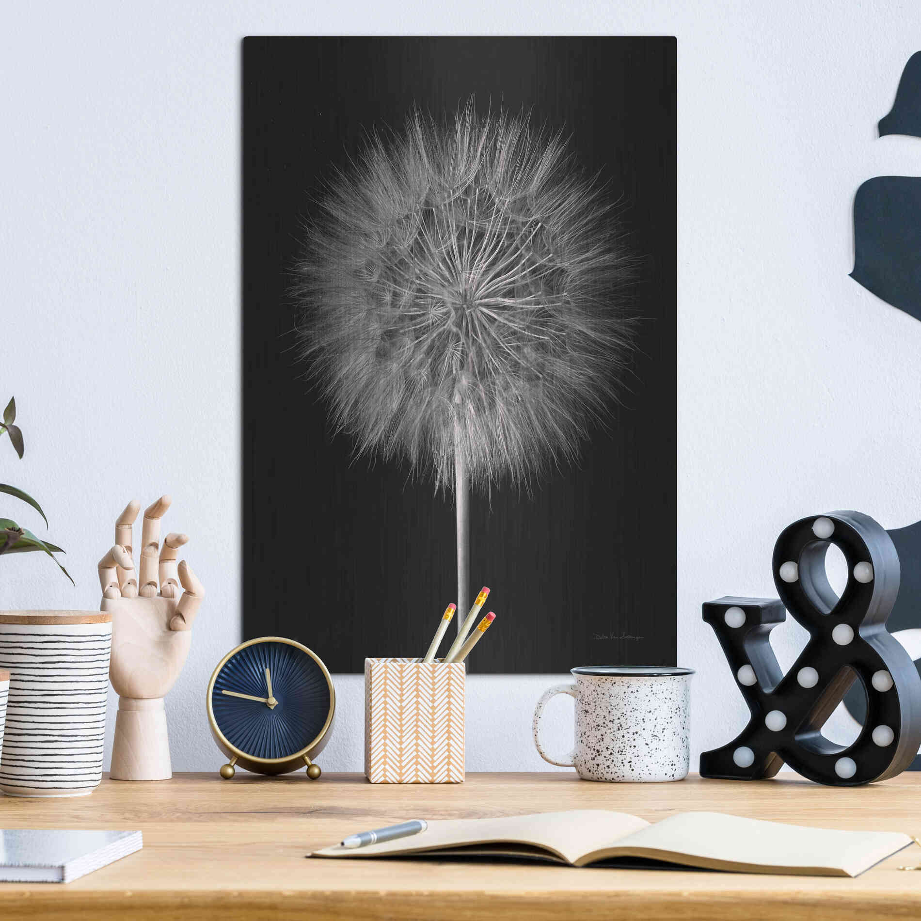 Luxe Metal Art 'Dandelion Fluff on Black' by Debra Van Swearingen, Metal Wall Art,12x16