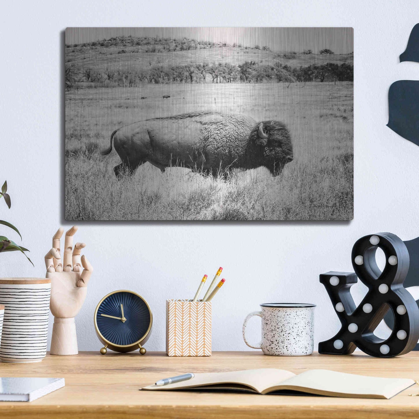 Luxe Metal Art 'Buffalo I BW' by Debra Van Swearingen, Metal Wall Art,16x12