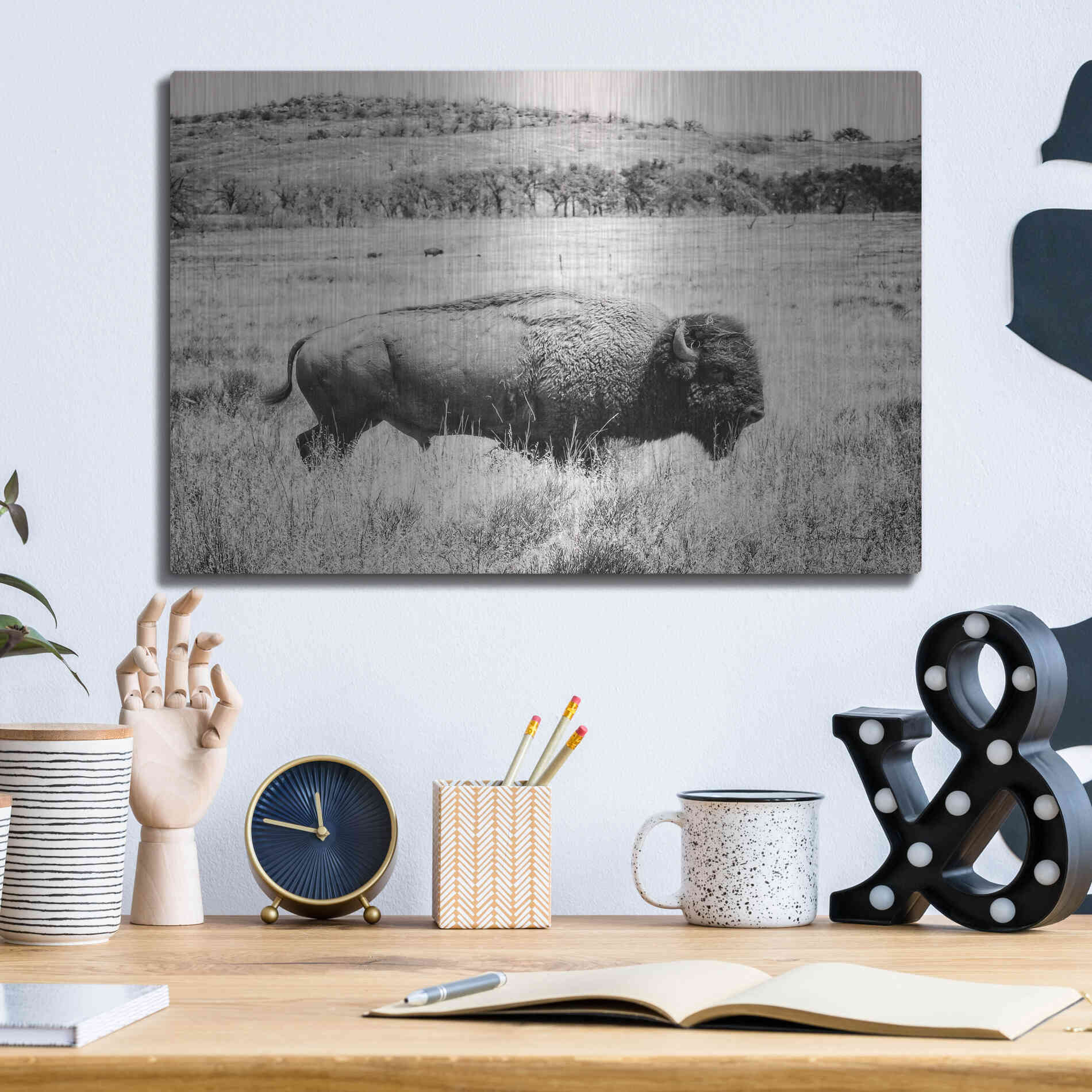 Luxe Metal Art 'Buffalo I BW' by Debra Van Swearingen, Metal Wall Art,16x12