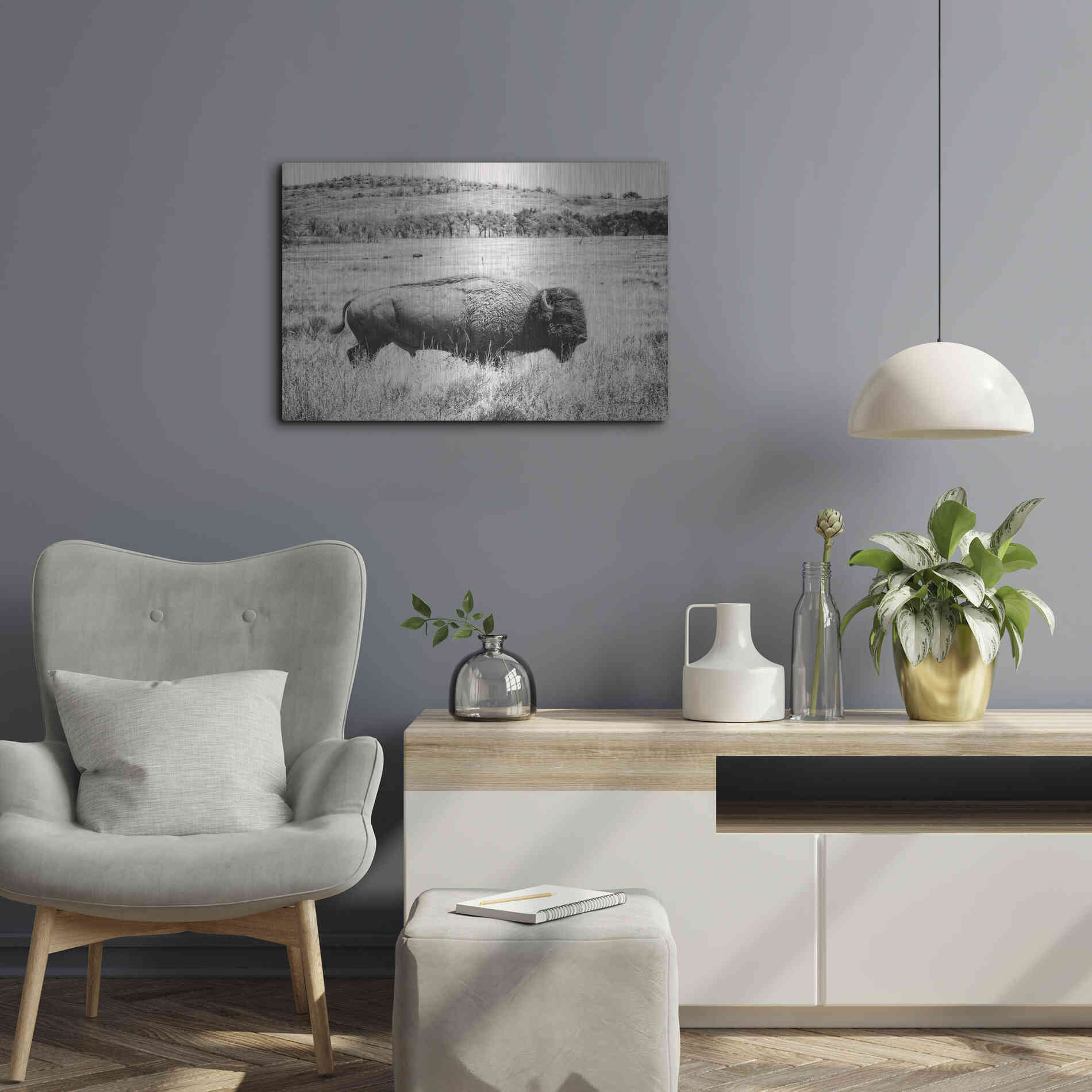 Luxe Metal Art 'Buffalo I BW' by Debra Van Swearingen, Metal Wall Art,24x16