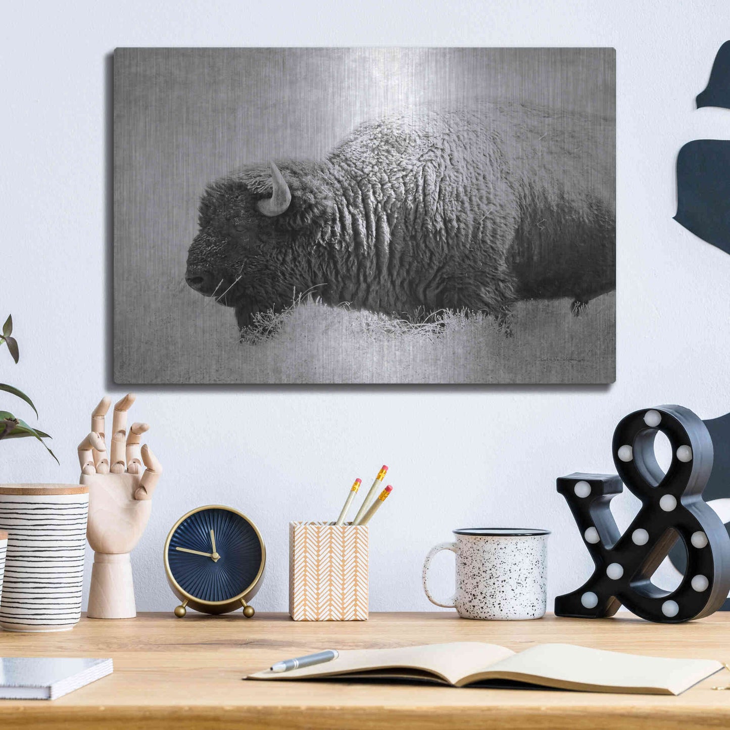 Luxe Metal Art 'Buffalo II BW' by Debra Van Swearingen, Metal Wall Art,16x12