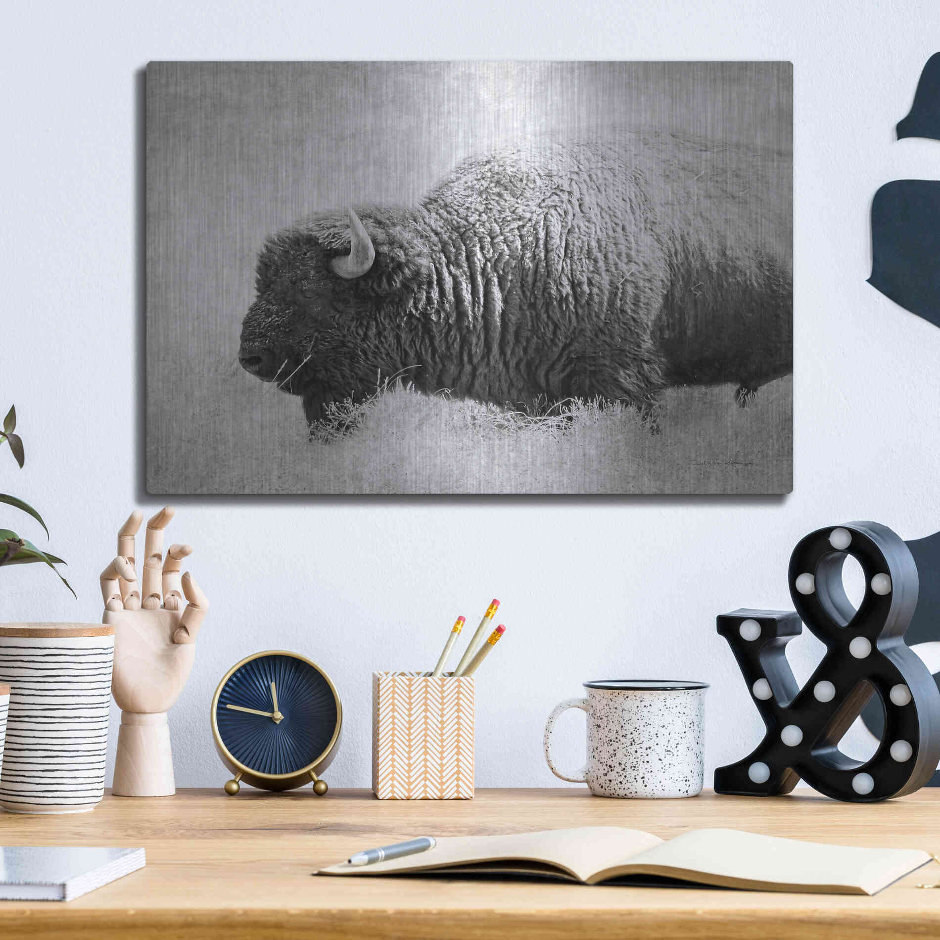Luxe Metal Art 'Buffalo II BW' by Debra Van Swearingen, Metal Wall Art,16x12