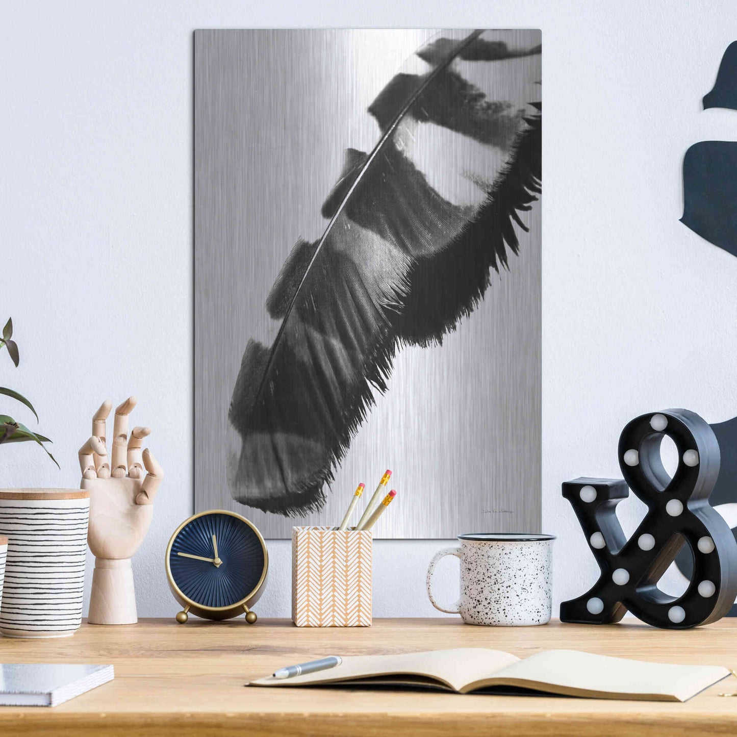 Luxe Metal Art 'Feather Shadow II White' by Debra Van Swearingen, Metal Wall Art,12x16