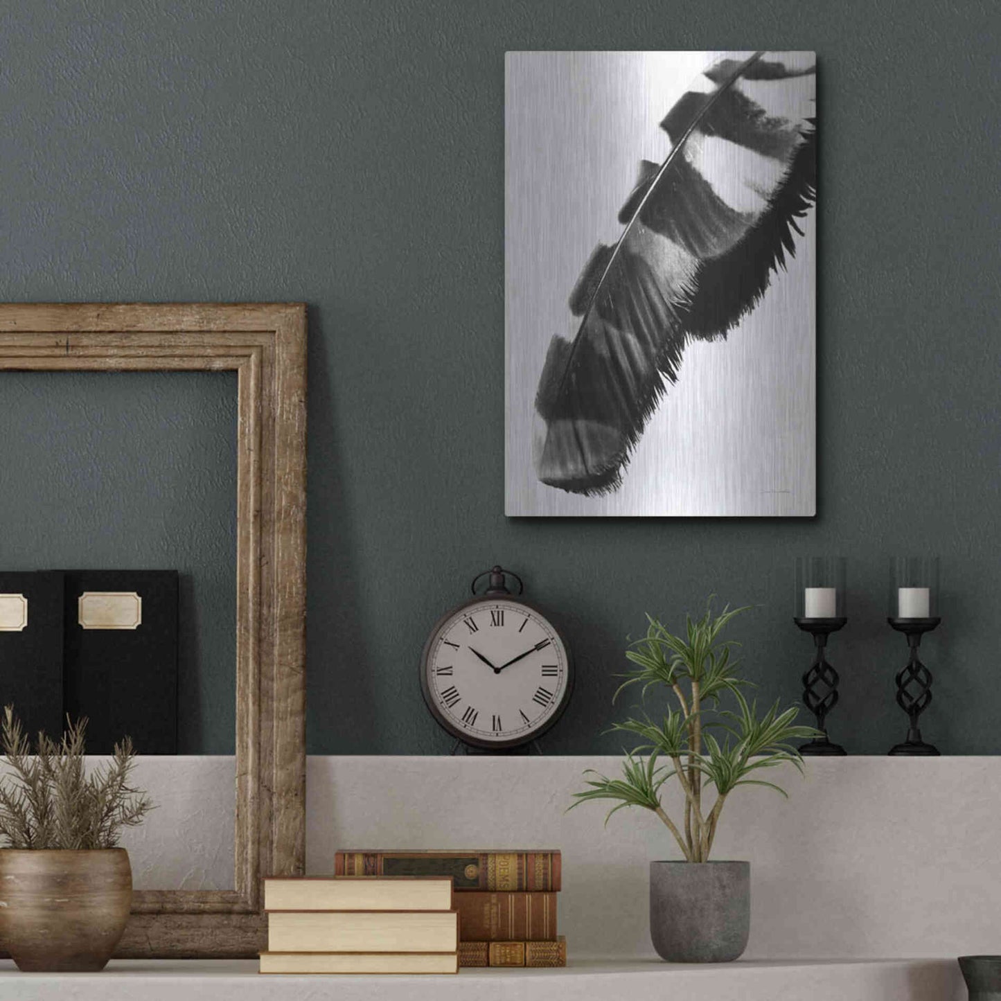 Luxe Metal Art 'Feather Shadow II White' by Debra Van Swearingen, Metal Wall Art,12x16