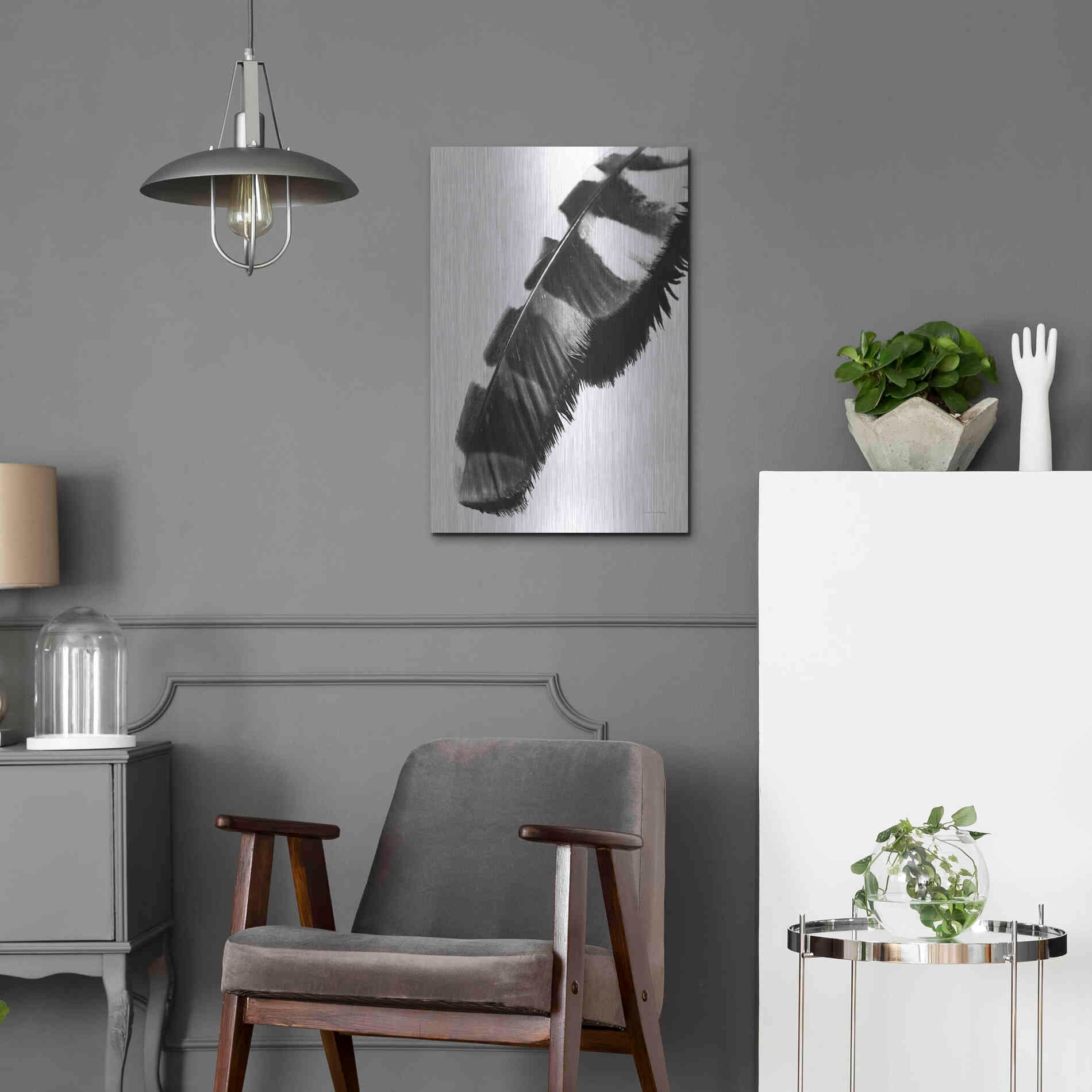 Luxe Metal Art 'Feather Shadow II White' by Debra Van Swearingen, Metal Wall Art,16x24