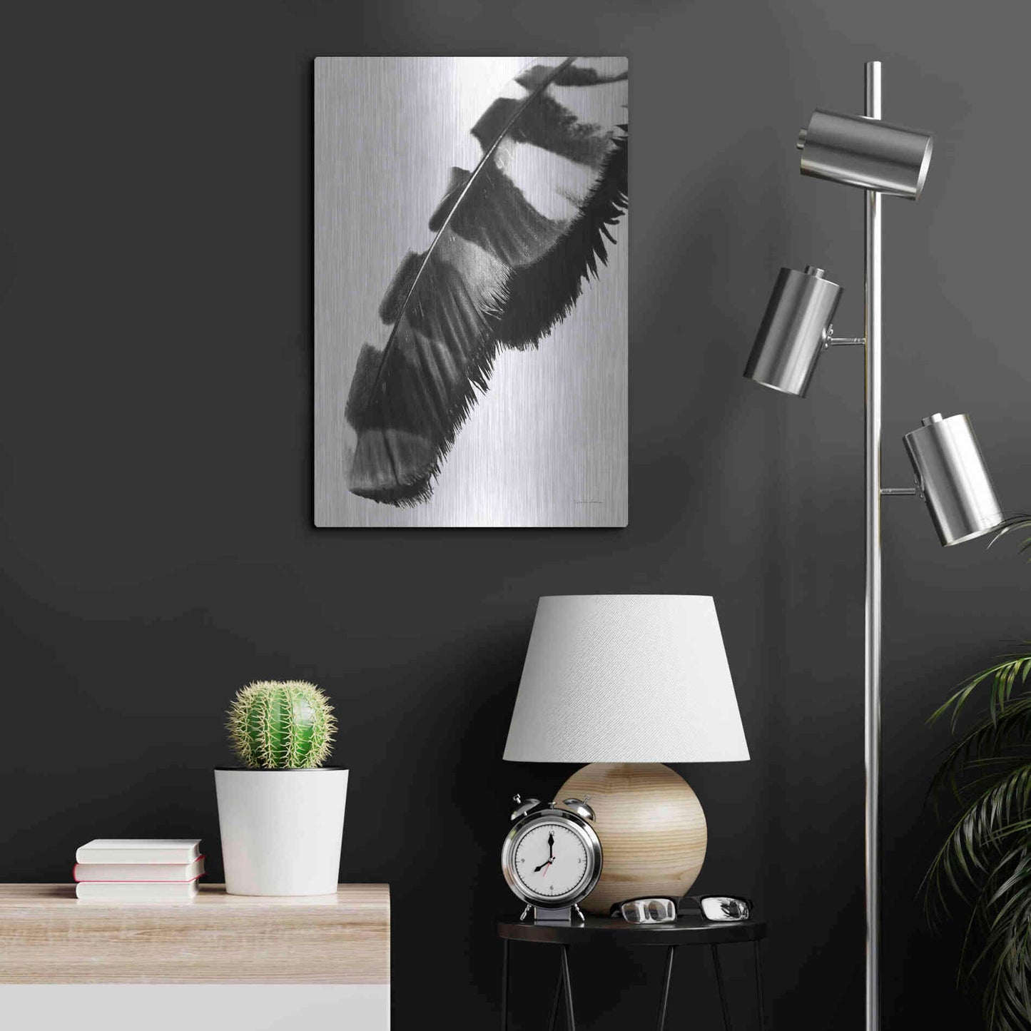 Luxe Metal Art 'Feather Shadow II White' by Debra Van Swearingen, Metal Wall Art,16x24