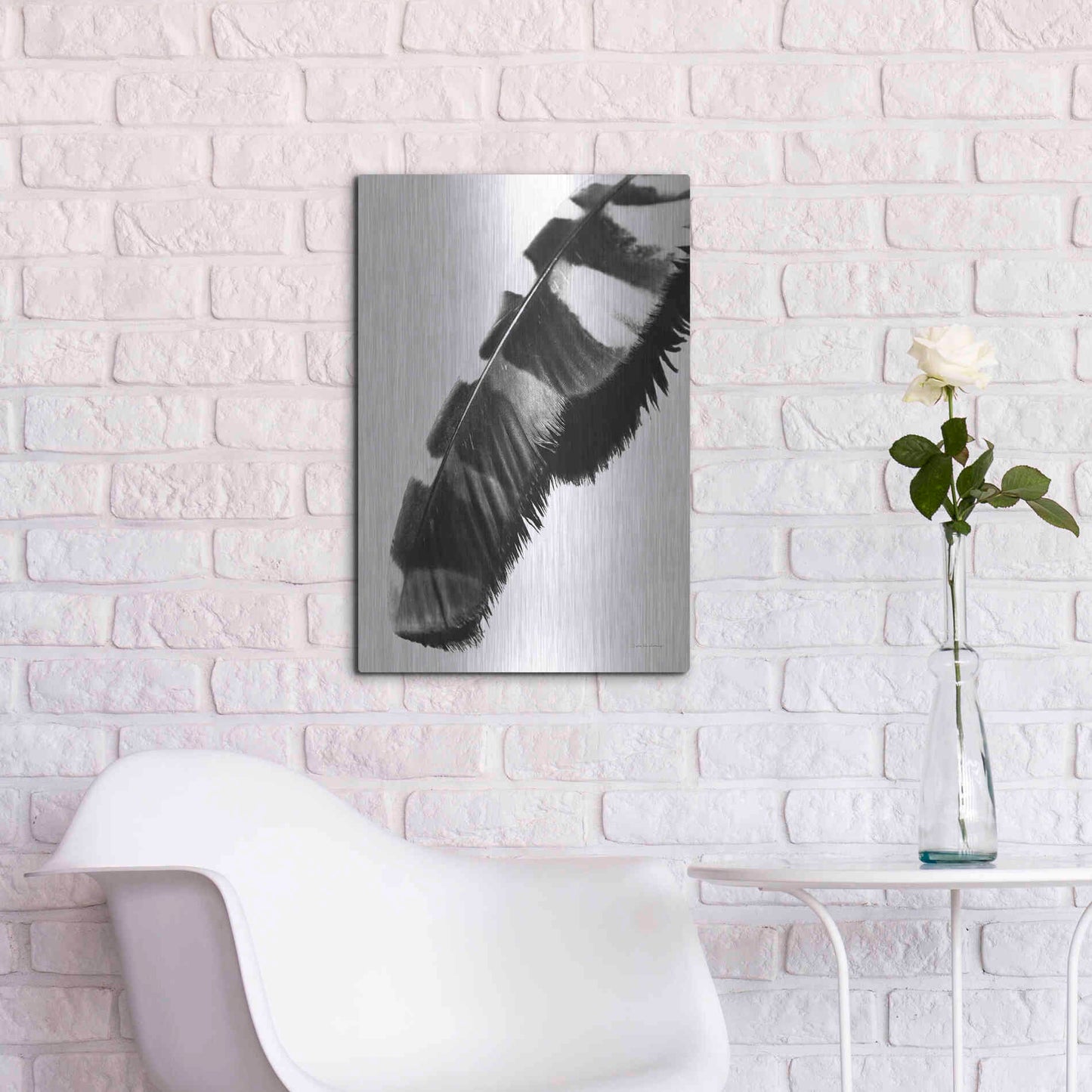 Luxe Metal Art 'Feather Shadow II White' by Debra Van Swearingen, Metal Wall Art,16x24