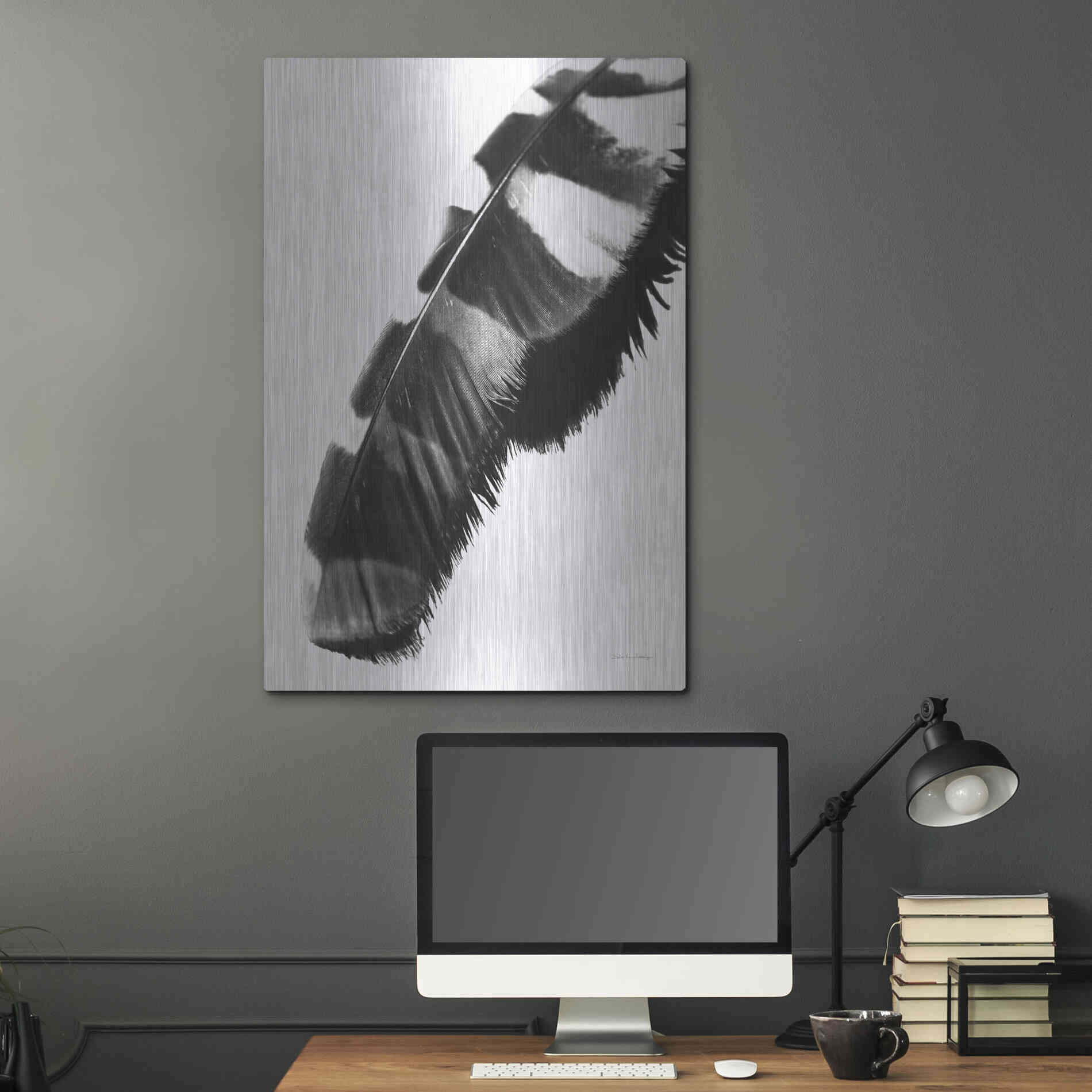 Luxe Metal Art 'Feather Shadow II White' by Debra Van Swearingen, Metal Wall Art,24x36