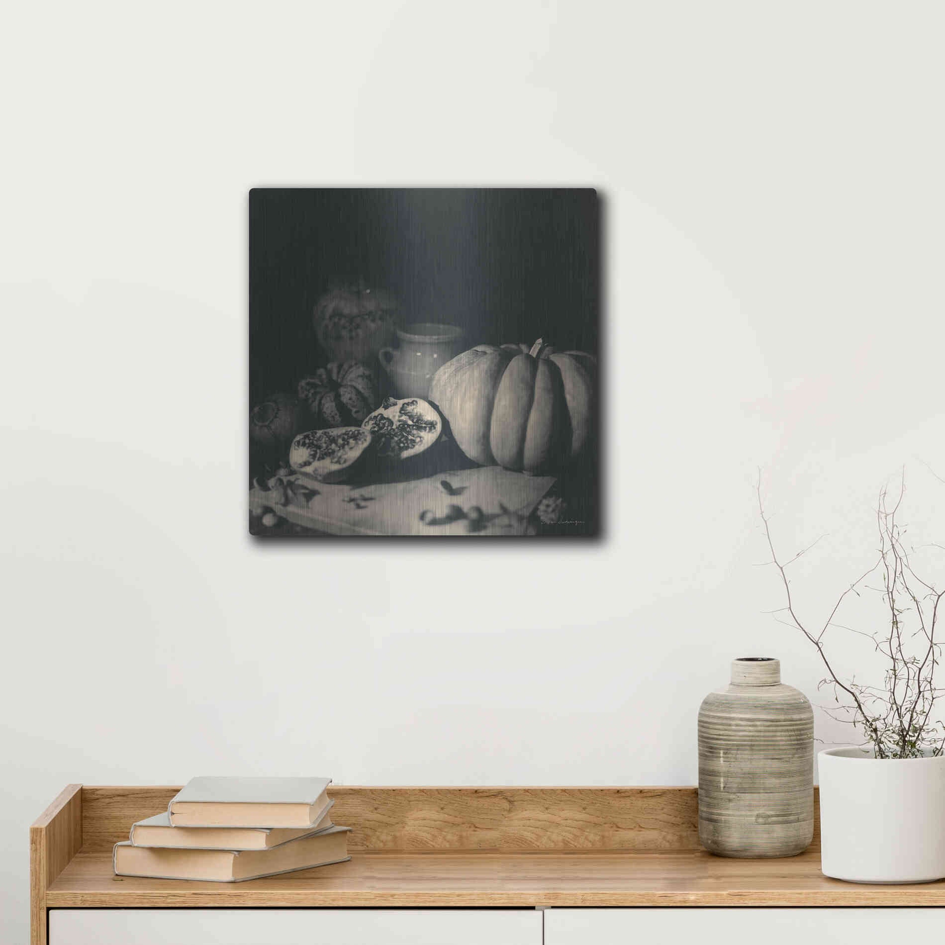 Luxe Metal Art 'Pumpkin and Pomegranate' by Debra Van Swearingen, Metal Wall Art,12x12