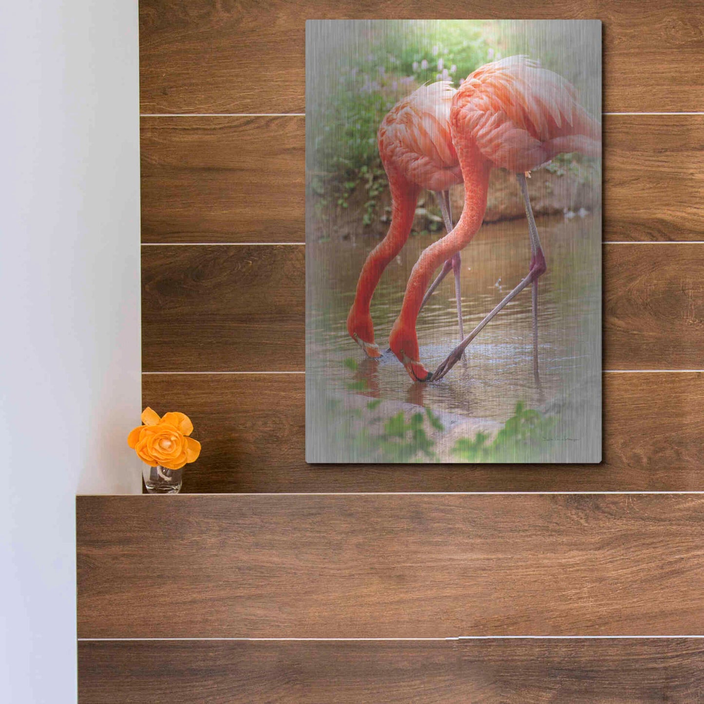 Luxe Metal Art 'Two Flamingos' by Debra Van Swearingen, Metal Wall Art,12x16