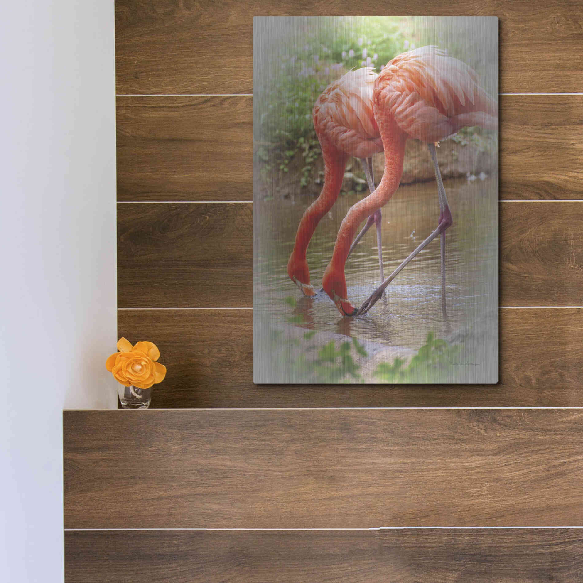 Luxe Metal Art 'Two Flamingos' by Debra Van Swearingen, Metal Wall Art,12x16