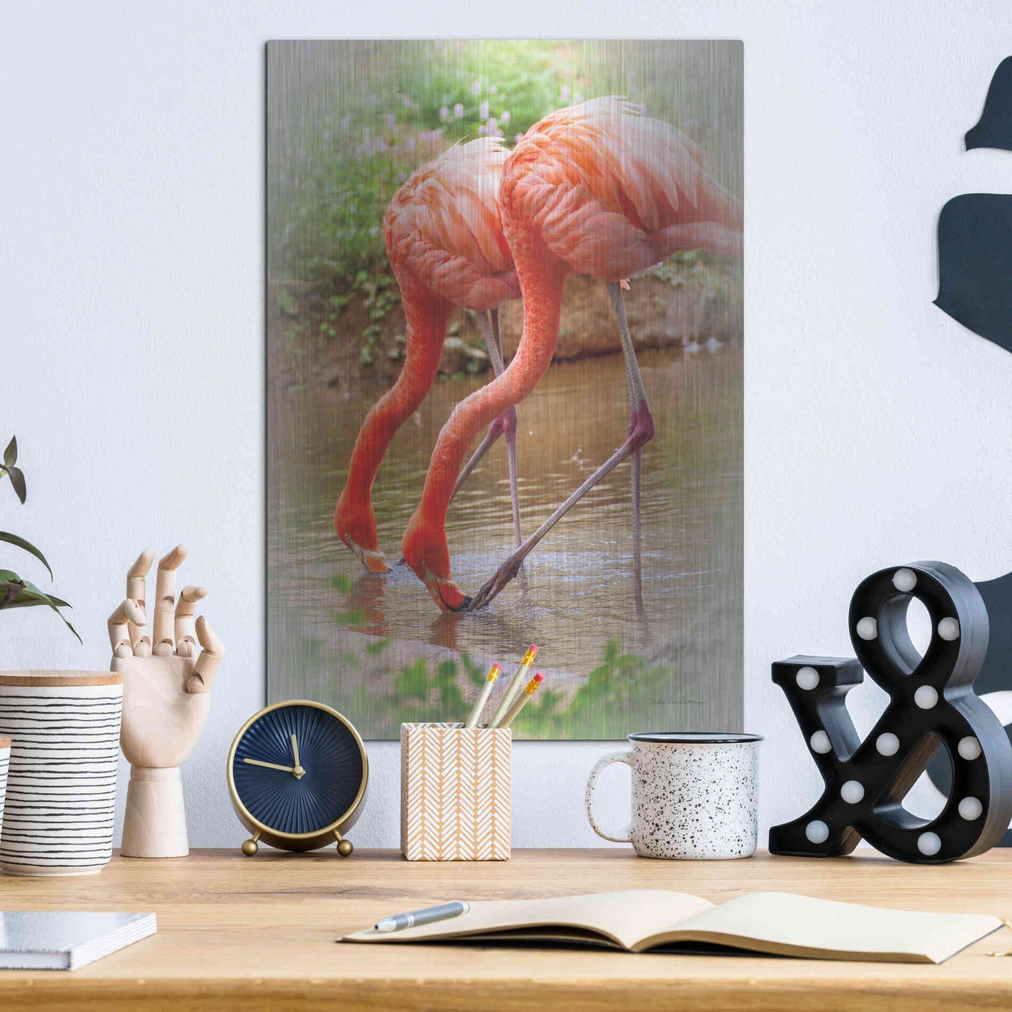 Luxe Metal Art 'Two Flamingos' by Debra Van Swearingen, Metal Wall Art,12x16